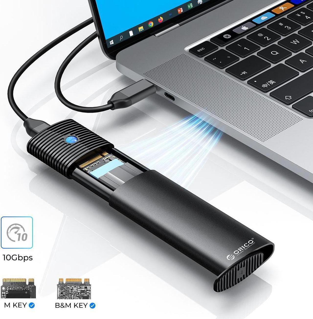 Main image of ORICO Aluminum M.2 NVMe SSD Enclosure, Tool-Free 10Gbps USB C Adapter, USB 3.2 M.2 NVMe Reader, External SSD Case Thunderbolt 3 Compatible, Supports 4TB 2230/2242/2260/2280 PCIe M-Key SSDs-PWM2-BK