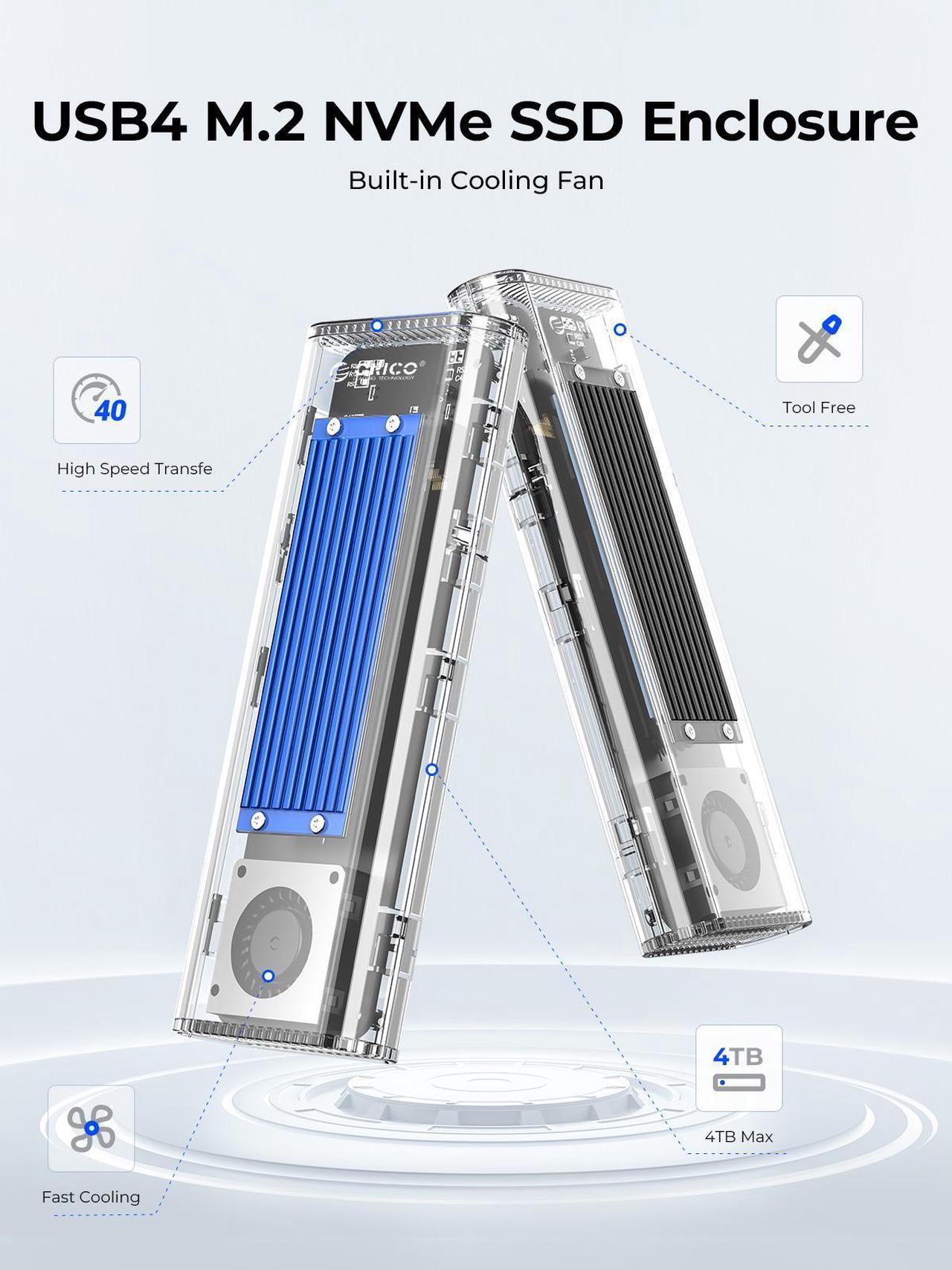 Alt view image 2 of 7 - ORICO 40Gbps M.2 NVMe SSD Enclosure & Built-in Cooling Fan, Tool-Free External SSD Enclosure M.2 SSD Case, Support 2230 2242 2260 2280(only M Key), Compatible with Thunderbolt 3/4 USB4/3.2/3.1/3.0/2.0