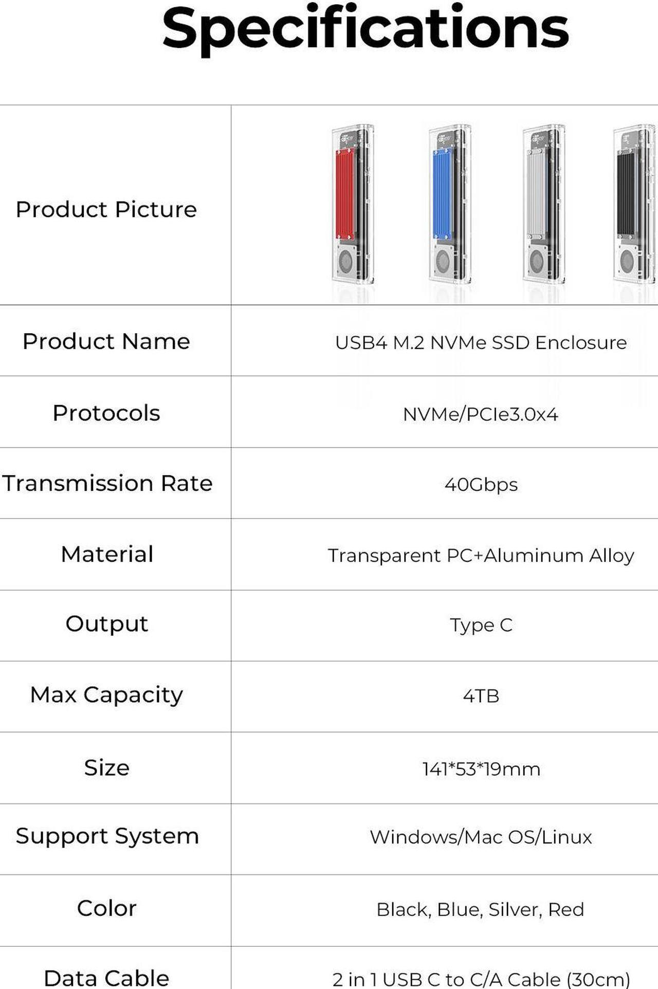 Alt view image 7 of 7 - ORICO 40Gbps M.2 NVMe SSD Enclosure & Built-in Cooling Fan, Tool-Free External SSD Enclosure M.2 SSD Case, Support 2230 2242 2260 2280(only M Key), Compatible with Thunderbolt 3/4 USB4/3.2/3.1/3.0/2.0