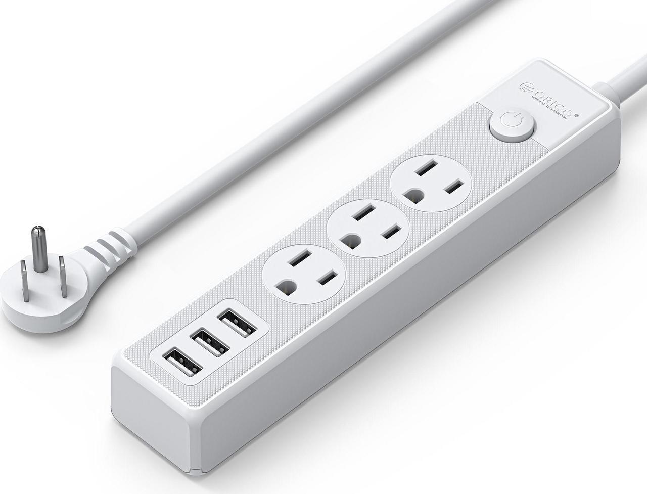 ORICO Flat Plug Power Strip with 3 Widely Outlets 3 USB A Ports, 10 Ft Extension Cord, Multiple outlets for Indoor Home Office, Dorm Room Essentials