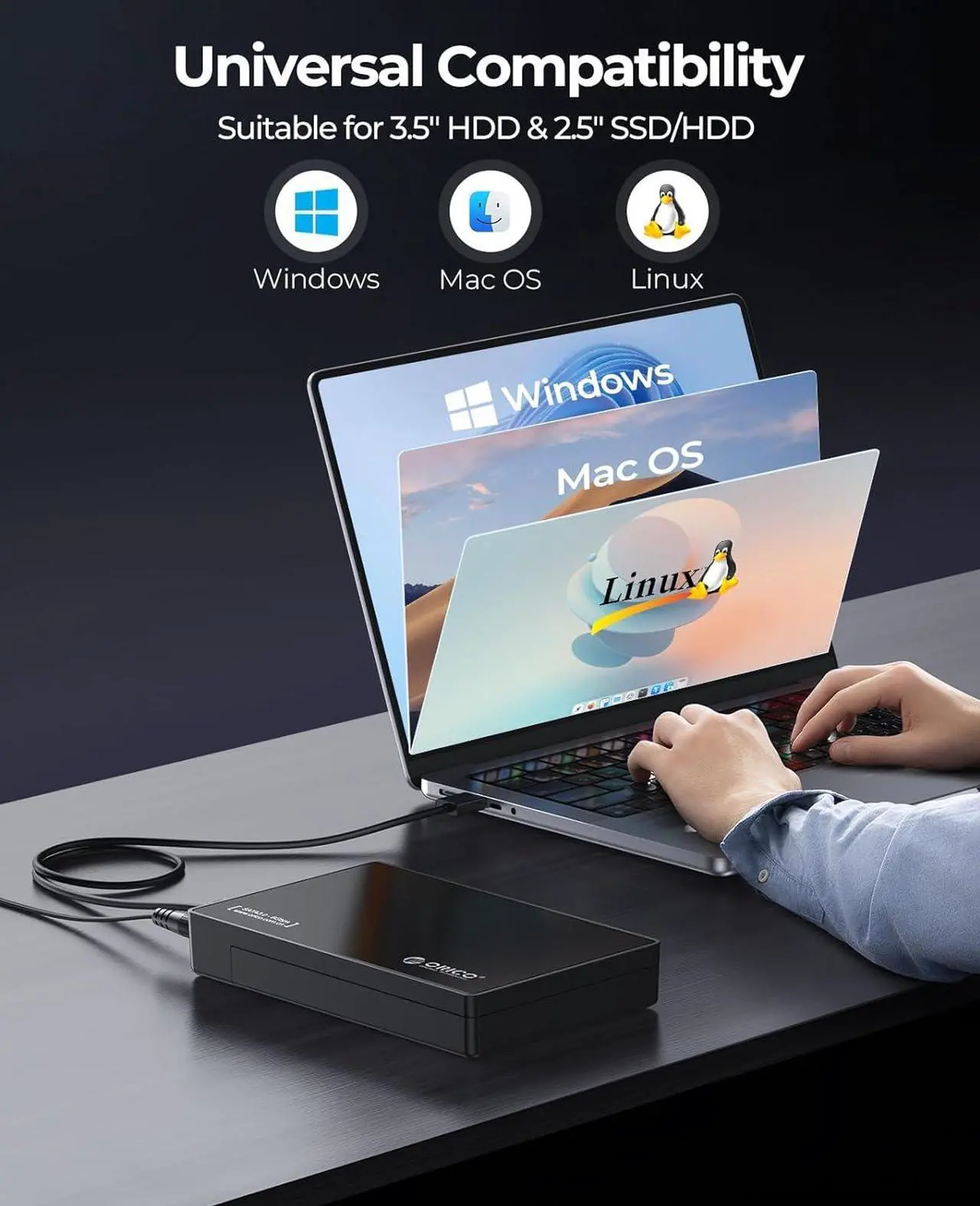Alt view image 5 of 7 - ORICO USB 3.0 External Hard Drive Enclosure for 3.5/2.5 Inch SATA Hard Drives/SSD Up to 20 TB, 3.5'' Tool-Free HDD Enclosure with 12V/2A Power Supply and UASP Acceleration (3588US3)