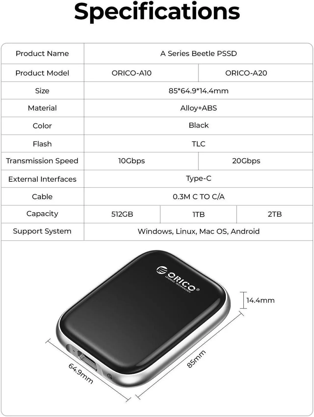 Alt view image 8 of 7 - ORICO Beetle 512GB Portable SSD up to 2000MB/S  USB 3.2 Gen2 Type C External SSD Solid State Drive for Laptop