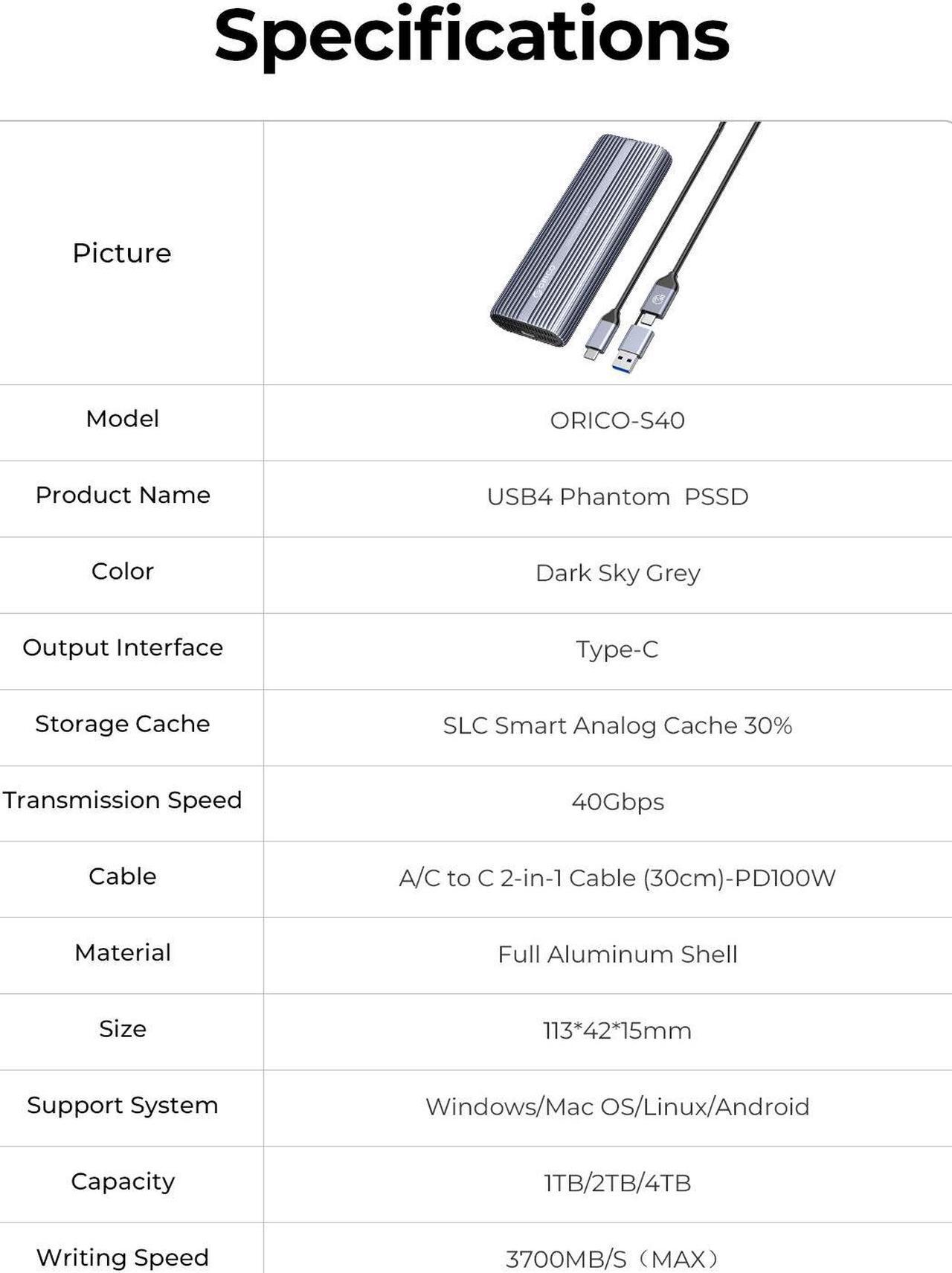 Alt view image 7 of 7 - ORICO Phantom Portable SSD 3700MB/s External Solid State Drive 2TB Type- C Aluminum Alloy PSSD Built-in Cooling Fan 2TB