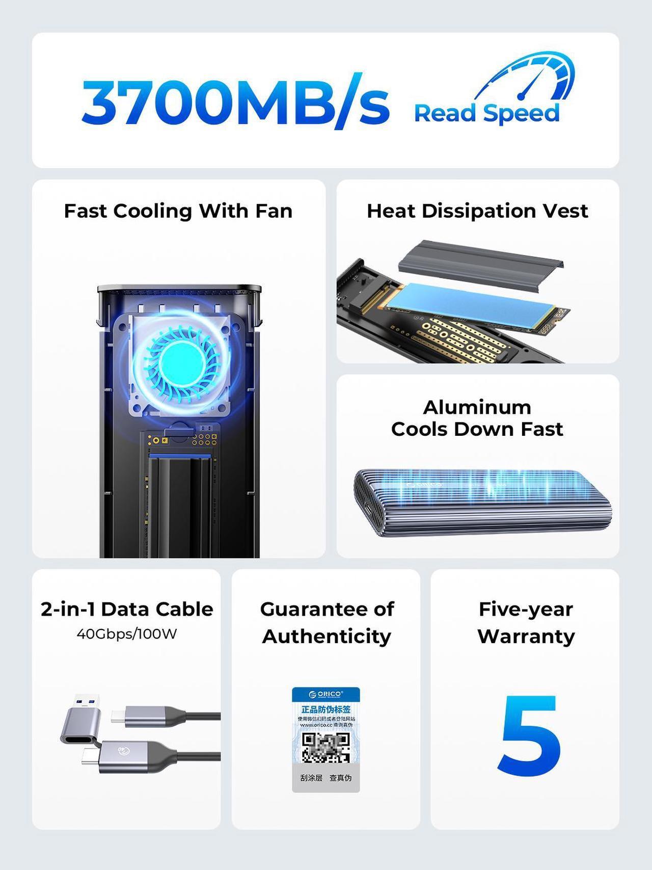 Alt view image 3 of 7 - ORICO Phantom Portable SSD 3700MB/s External Solid State Drive 2TB Type- C Aluminum Alloy PSSD Built-in Cooling Fan 2TB