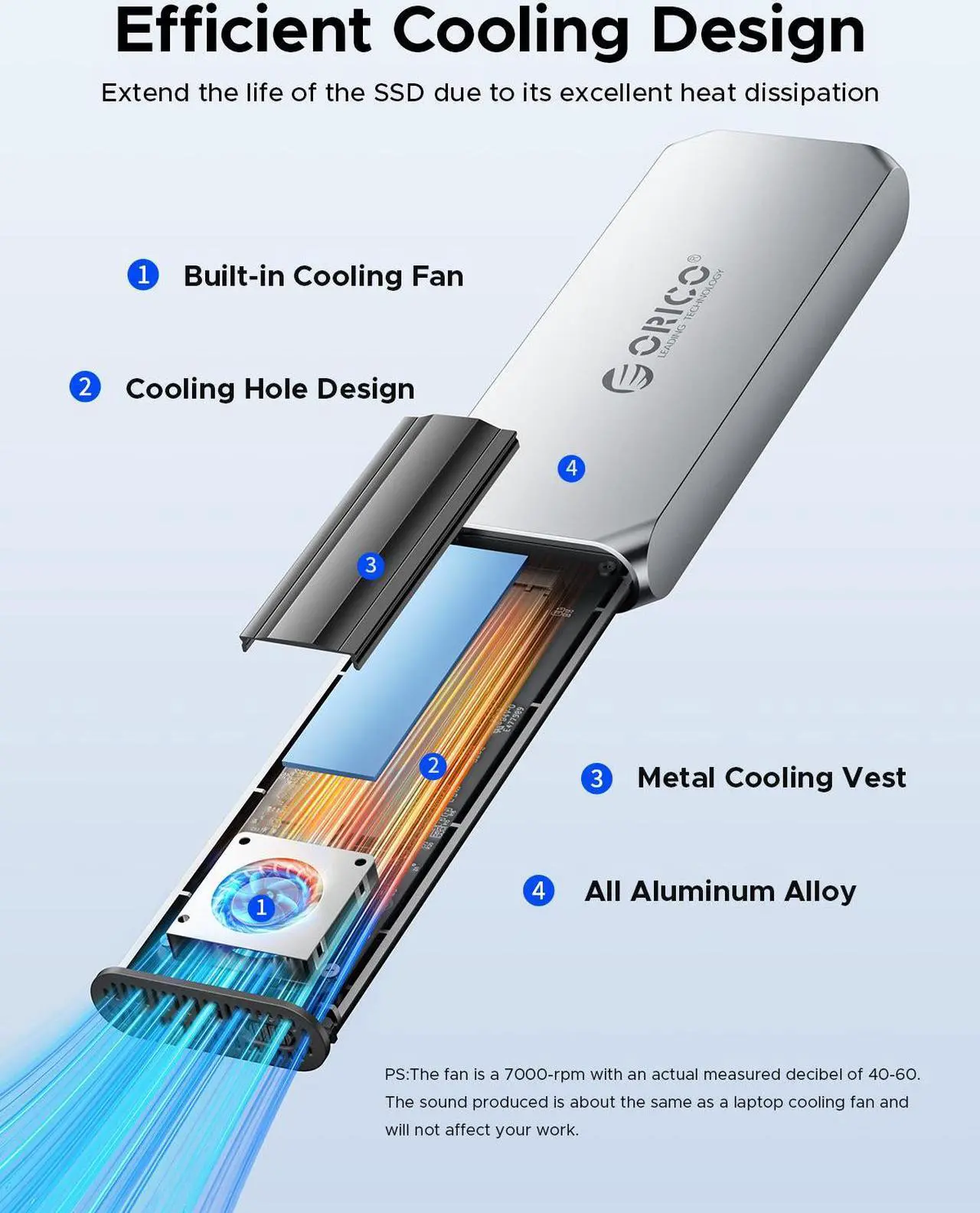 Alt view image 2 of 6 - ORICO Aluminium 40Gbps M.2 NVMe SSD Enclosure with Cooling Fan, Ideal for Content Creators, Support 2230 2242 2260 2280(only M Key) Max 8TB, Compatible with Thunderbolt 3/4 USB4/3.2