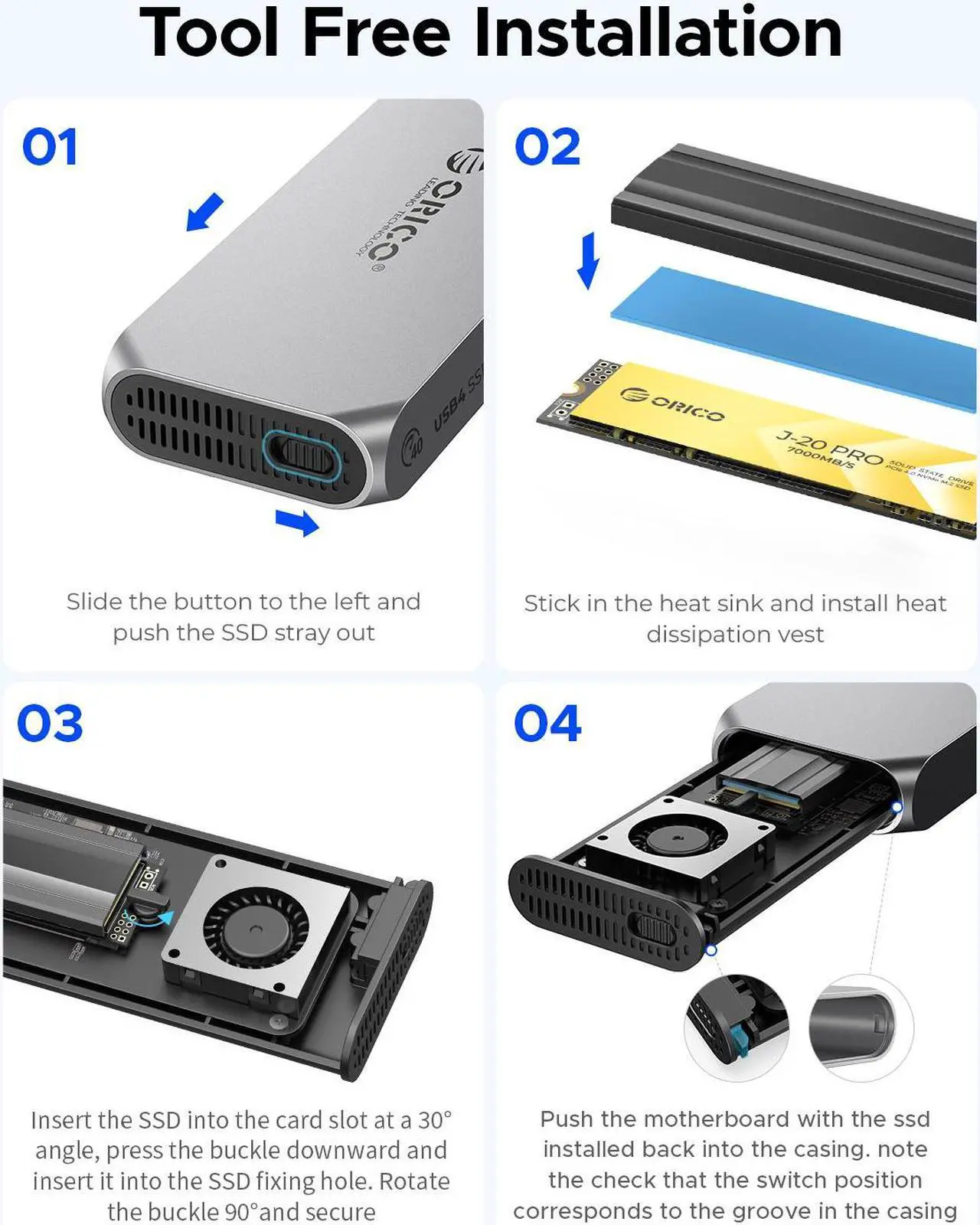 Alt view image 5 of 6 - ORICO Aluminium 40Gbps M.2 NVMe SSD Enclosure with Cooling Fan, Ideal for Content Creators, Support 2230 2242 2260 2280(only M Key) Max 8TB, Compatible with Thunderbolt 3/4 USB4/3.2
