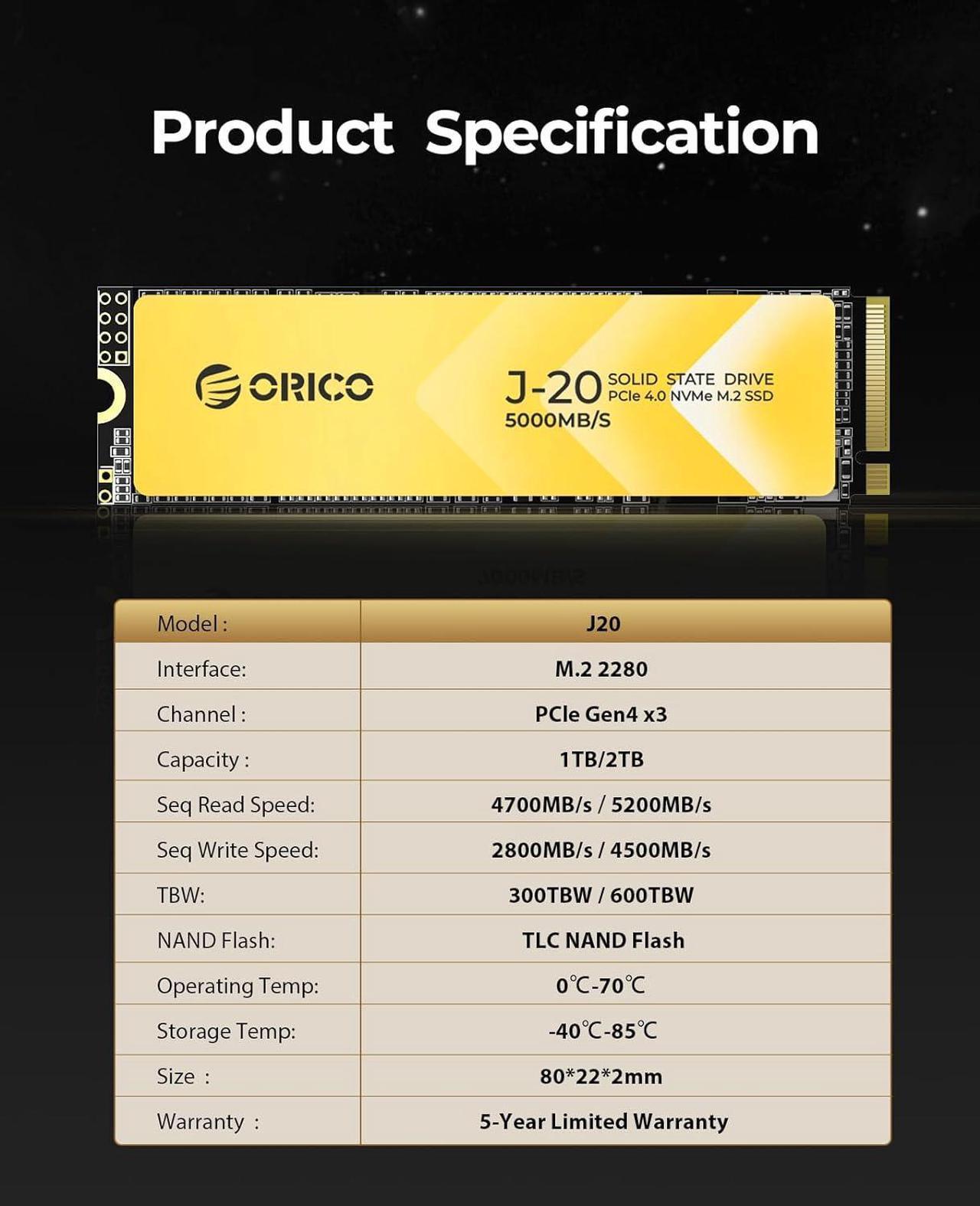 Alt view image 5 of 7 - ORICO 2TB NVMe SSD, M.2 NVMe SSD PCIe Gen4x4 2280, 3D NAND Internal Solid State Drive, Read Speed up to 5200 MB/s, Compatible with PS5, Storage for PC, Desktop and Laptops-J20