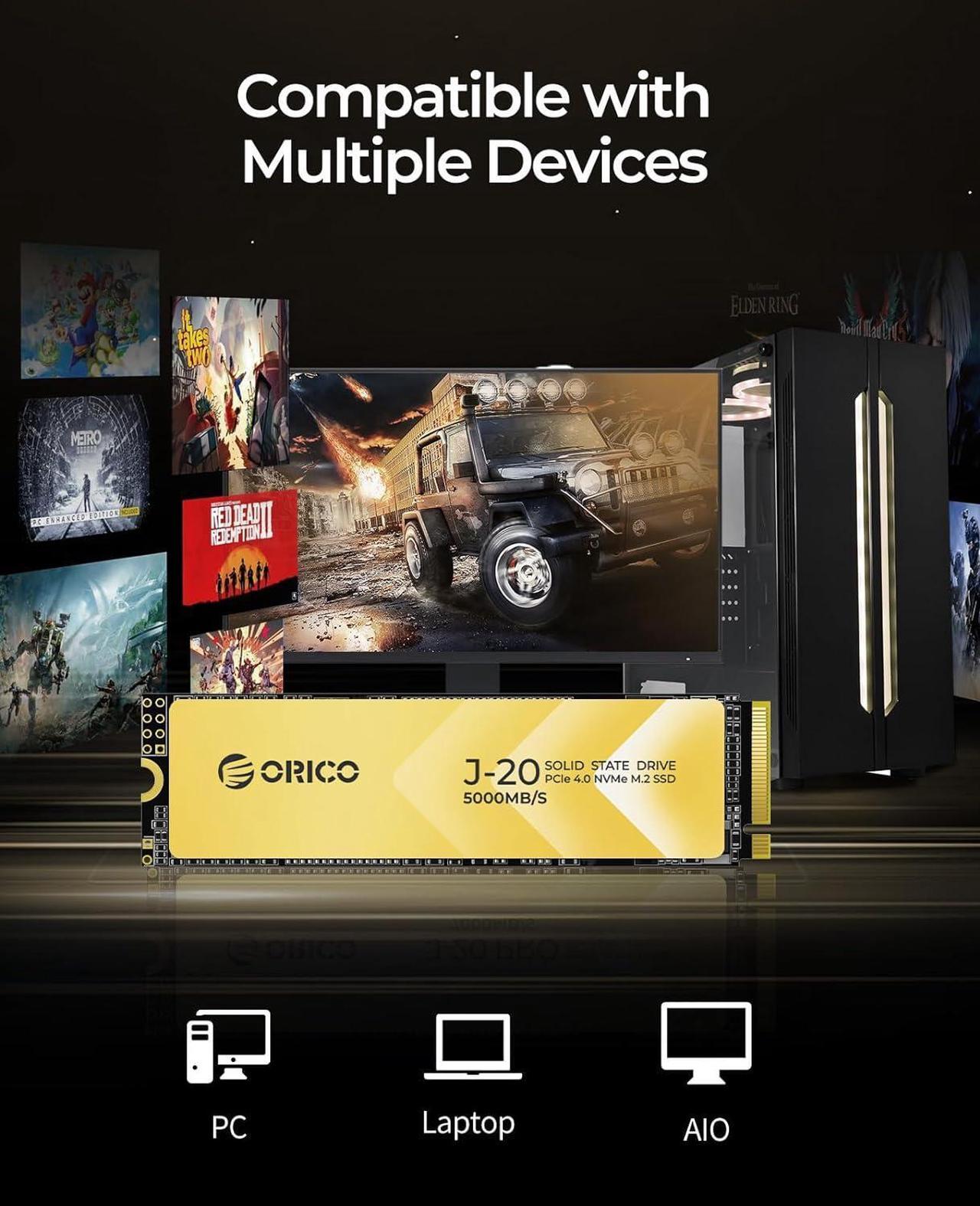 Alt view image 3 of 7 - ORICO 2TB NVMe SSD, M.2 NVMe SSD PCIe Gen4x4 2280, 3D NAND Internal Solid State Drive, Read Speed up to 5200 MB/s, Compatible with PS5, Storage for PC, Desktop and Laptops-J20