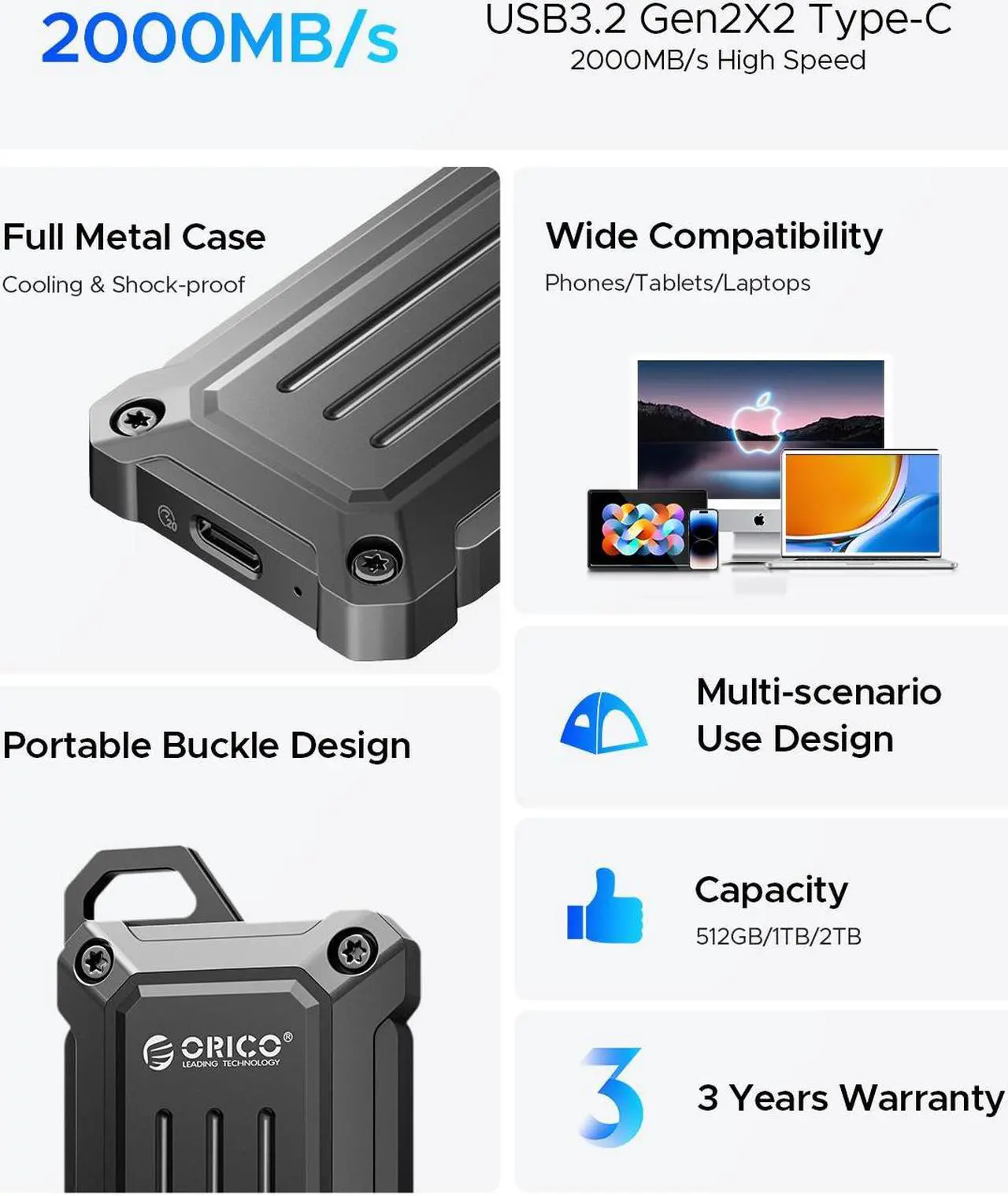 Alt view image 2 of 7 - ORICO 2TB Mini Portable External SSD 20Gbps,up to 2000MB/s,USB3.2 Gen2 Type- C Portable Solid State Drive for Outdoor