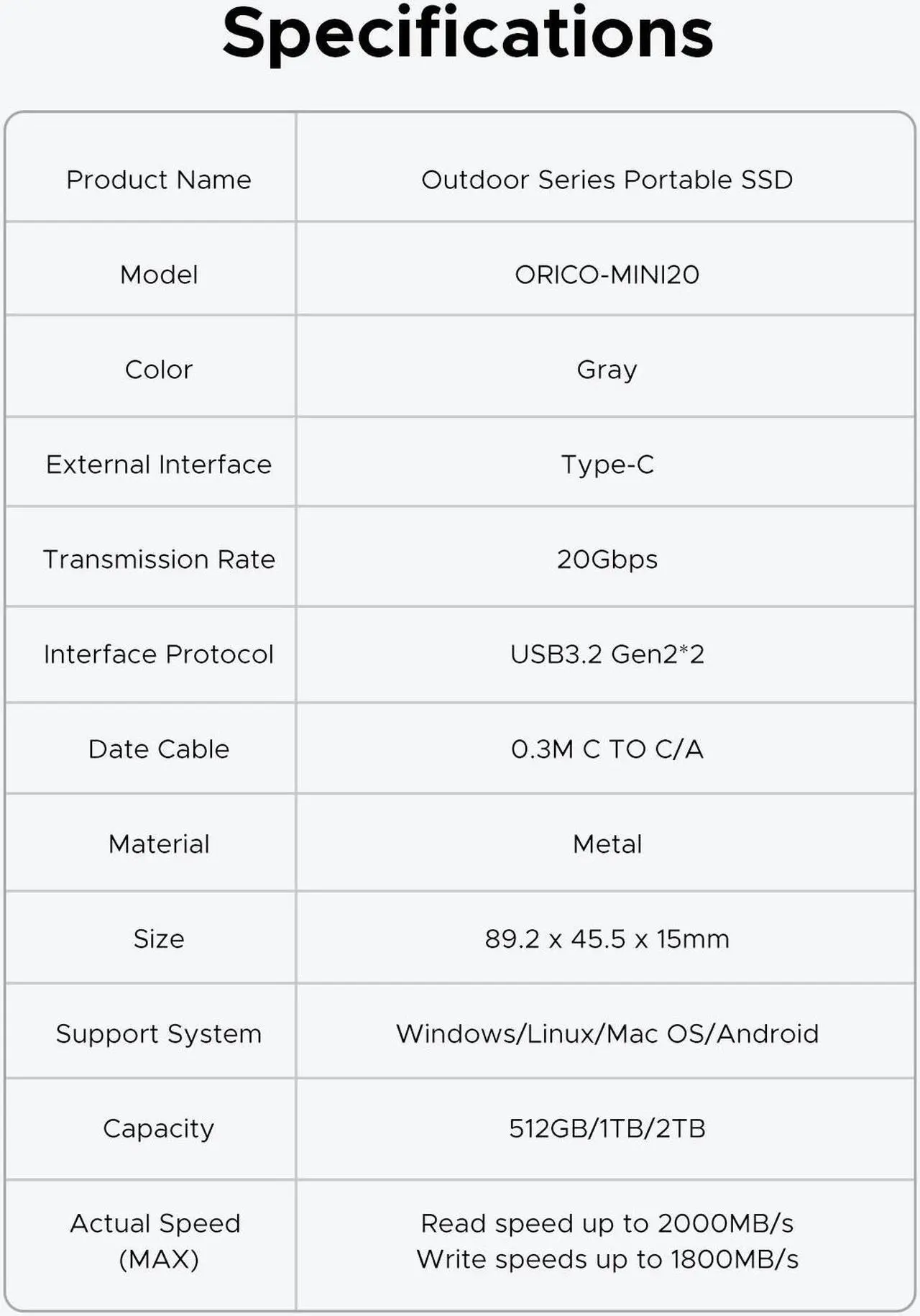 Alt view image 6 of 7 - ORICO 2TB Mini Portable External SSD 20Gbps,up to 2000MB/s,USB3.2 Gen2 Type- C Portable Solid State Drive for Outdoor