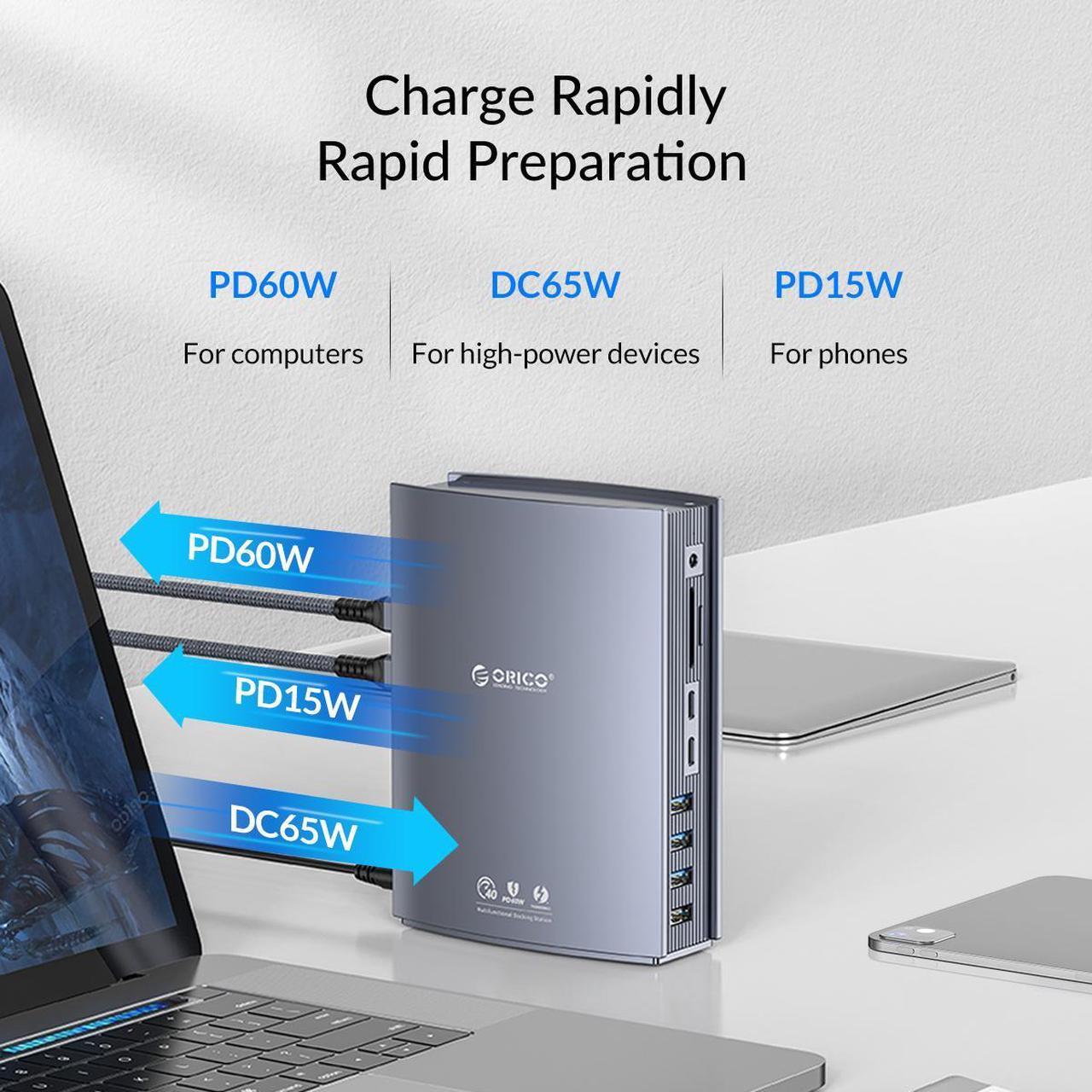 Alt view image 7 of 7 - Thunderbolt 3 Dock, ORICO USB C Docking Station Dual Monitor, 15 in 1 Docking Station for USB-C Laptop, Dual 4K@60Hz Display, DP1.4 Displayport,USB-A Gen 1, USB-C Gen 2, for MacBook Mac & Windows