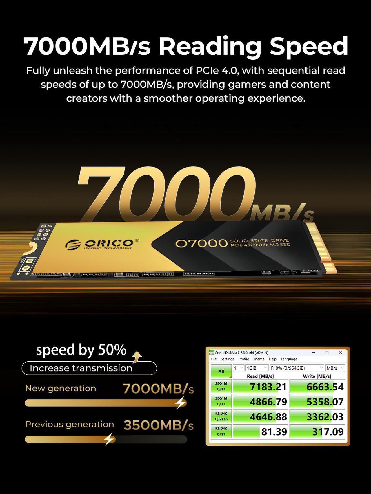 Alt view image 4 of 7 - ORICO O7000 4TB M.2 NVMe SSD PCIe Gen4 Read Speed Up to 7000Mb/s M.2 2280 Internal Solid State Drive with Heatsink Cooling Vest for PC Desktop Laptop Game-Player
