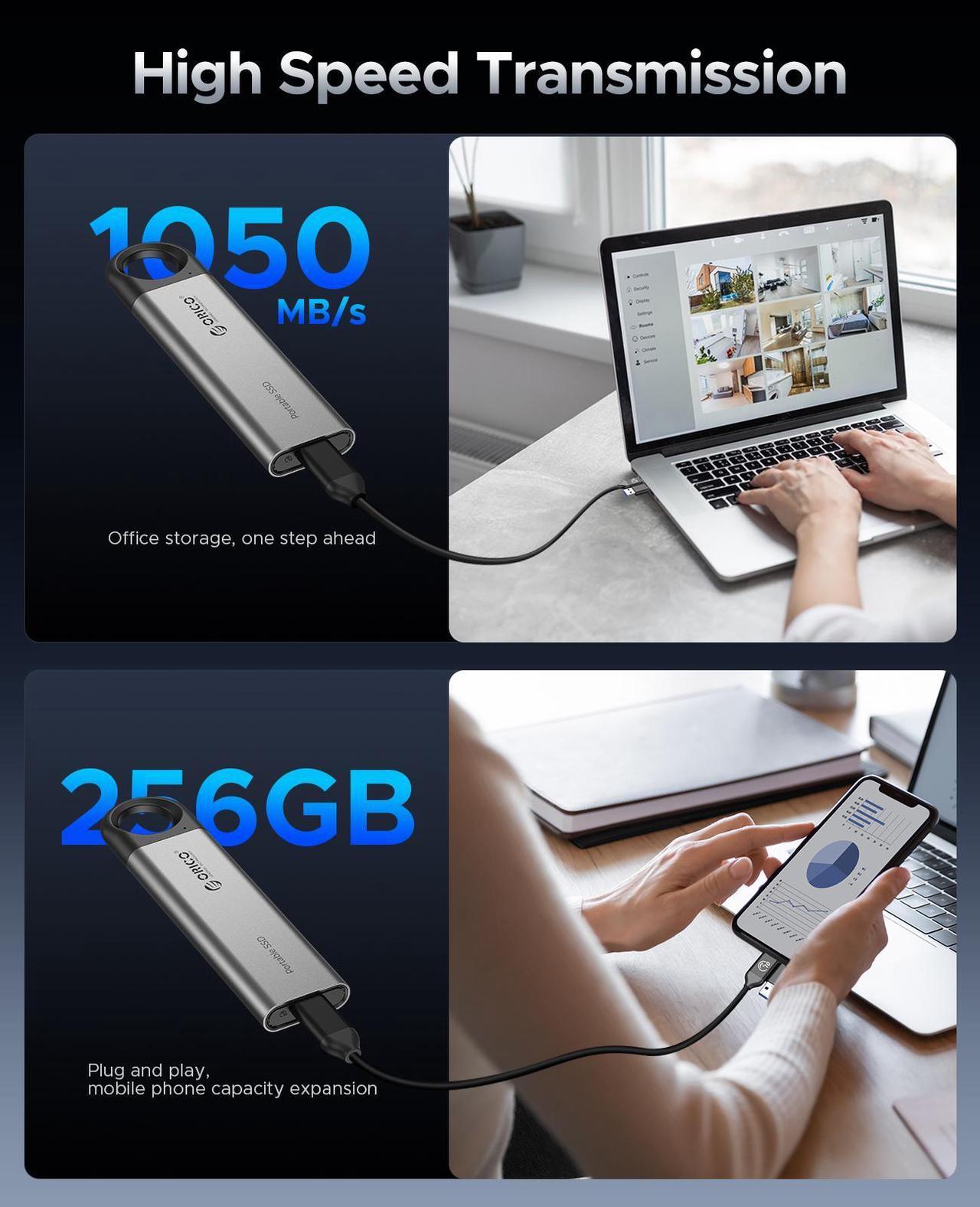 Alt view image 7 of 7 - ORICO 256GB External SSD 10Gbps Portable Solid State Drive Type-C Portable SSD