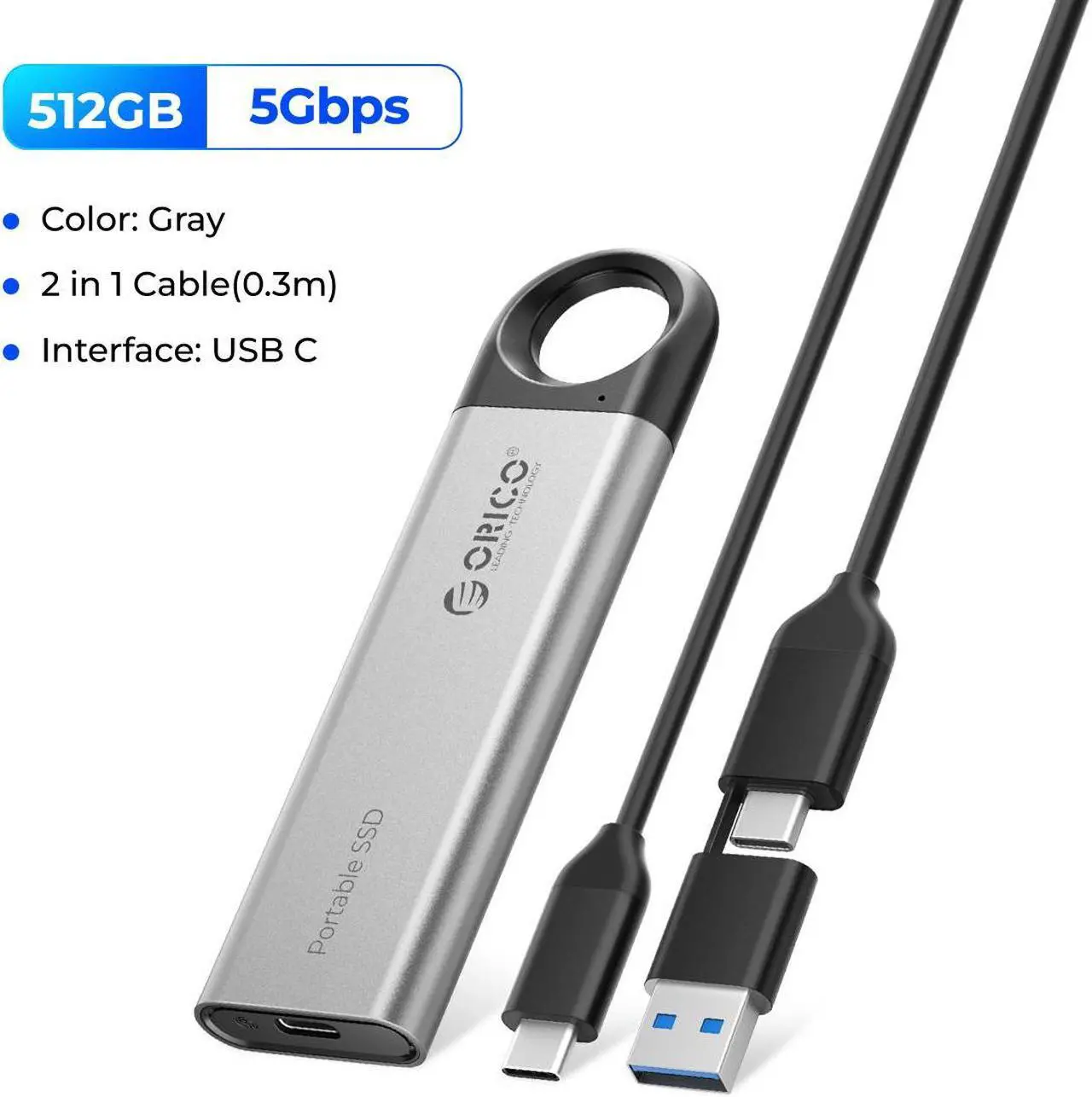Alt view image 2 of 6 - ORICO 512GB External SSD 5Gbps Solid State Drive Type-C Portable SSD Gray 512GB 5Gbps-Ring Buckle