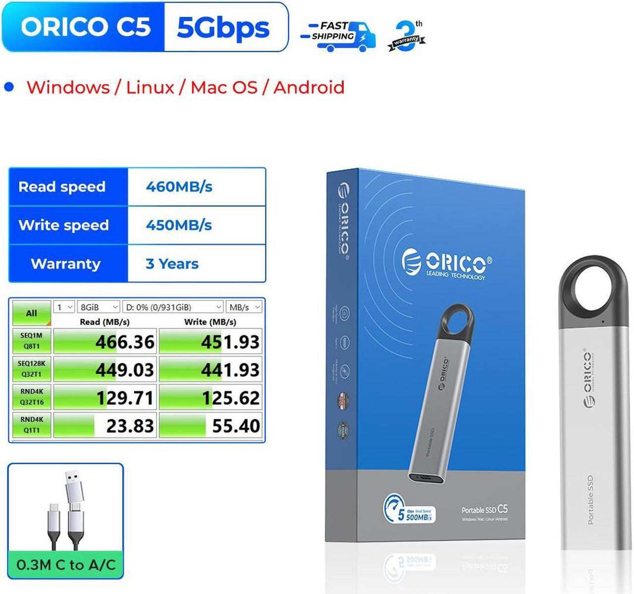 Alt view image 2 of 5 - ORICO C5 External SSD 1TB, Read Speed Up to 460MB/s Portable SSD Hanging Hole Design External Solid State Drive w/ USB C&A 2 in 1 Cable,for Type-C Smartphone, Tablets, Laptops