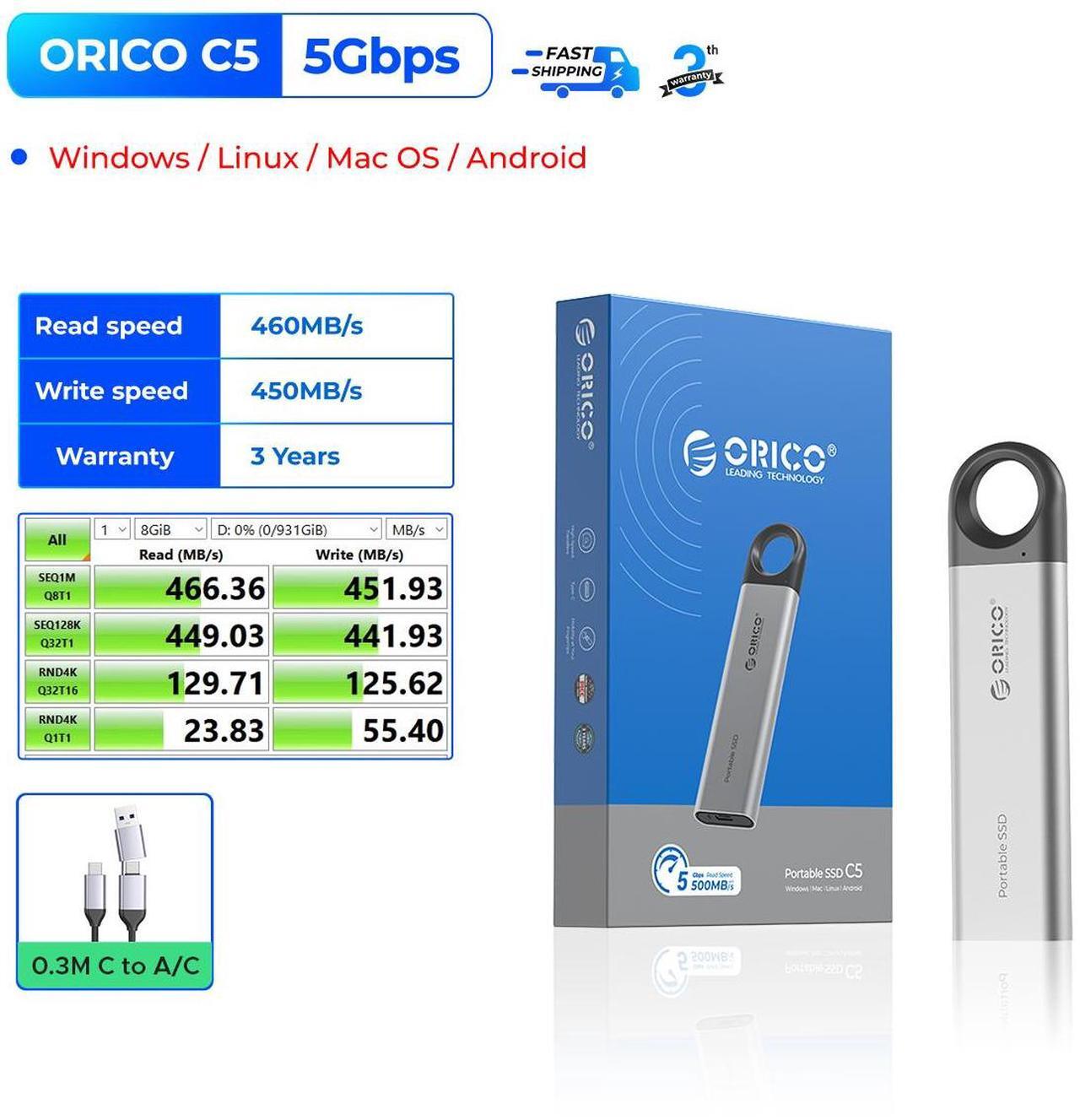 Alt view image 2 of 6 - ORICO 128GB External SSD Up to 460MB/s, Hanging Hole Design Portable Solid State Drive, USB C&A 2 in 1 Cable, Reliable Storage for Type-C Smartphone, Tablets, Laptops