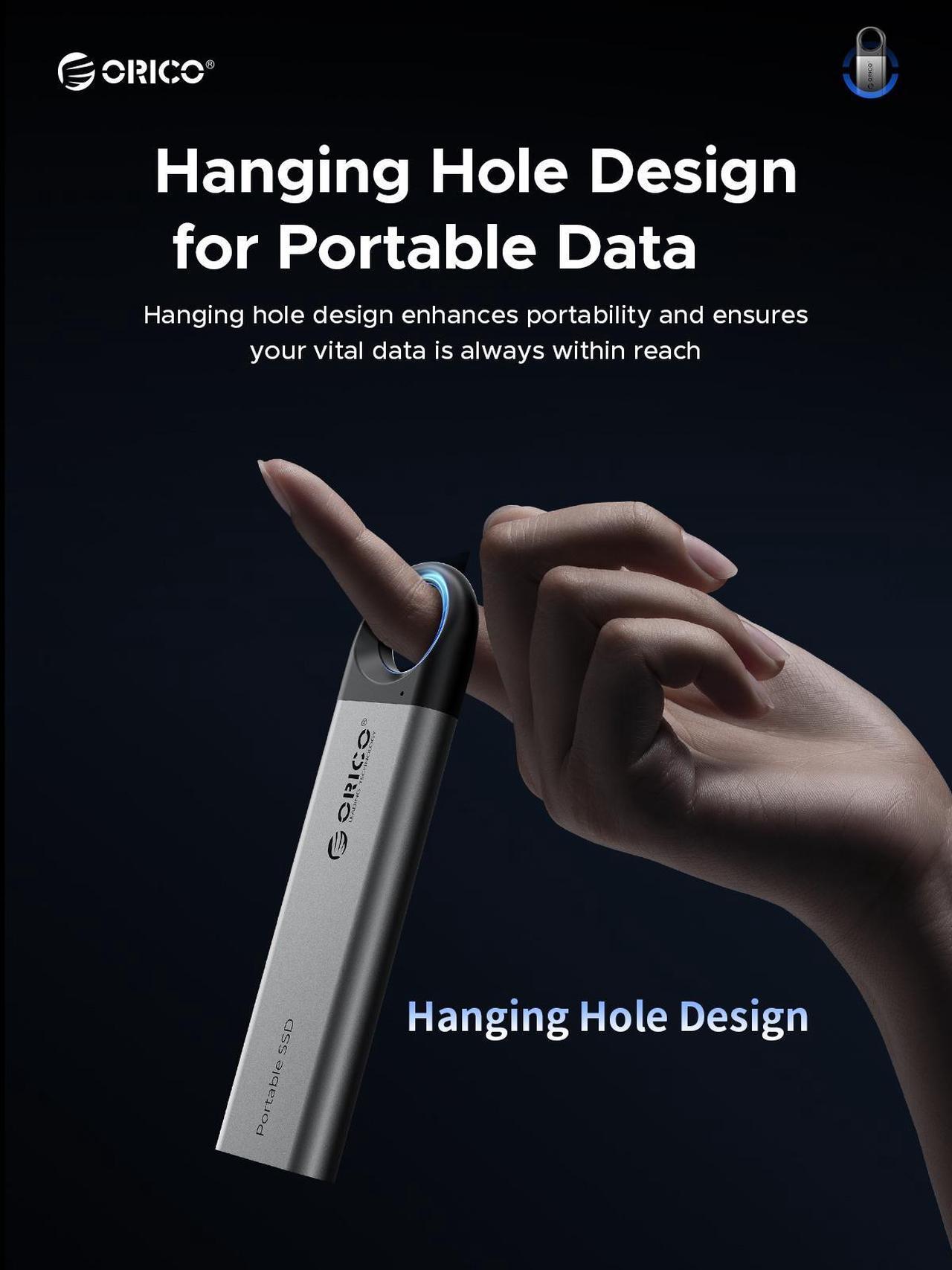 Alt view image 4 of 7 - ORICO 1TB External SSD Up to 1050MB/s, Hanging Hole Design Portable Solid State Drive, USB C&A 2 in 1 Cable, Reliable Storage for Type-C Smartphone, Tablets, Laptops - C10