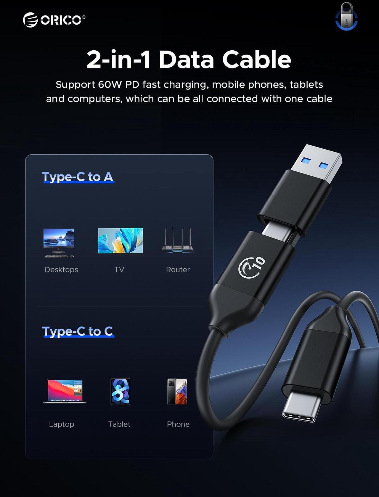 Alt view image 7 of 7 - ORICO 1TB External SSD Up to 1050MB/s, Hanging Hole Design Portable Solid State Drive, USB C&A 2 in 1 Cable, Reliable Storage for Type-C Smartphone, Tablets, Laptops - C10