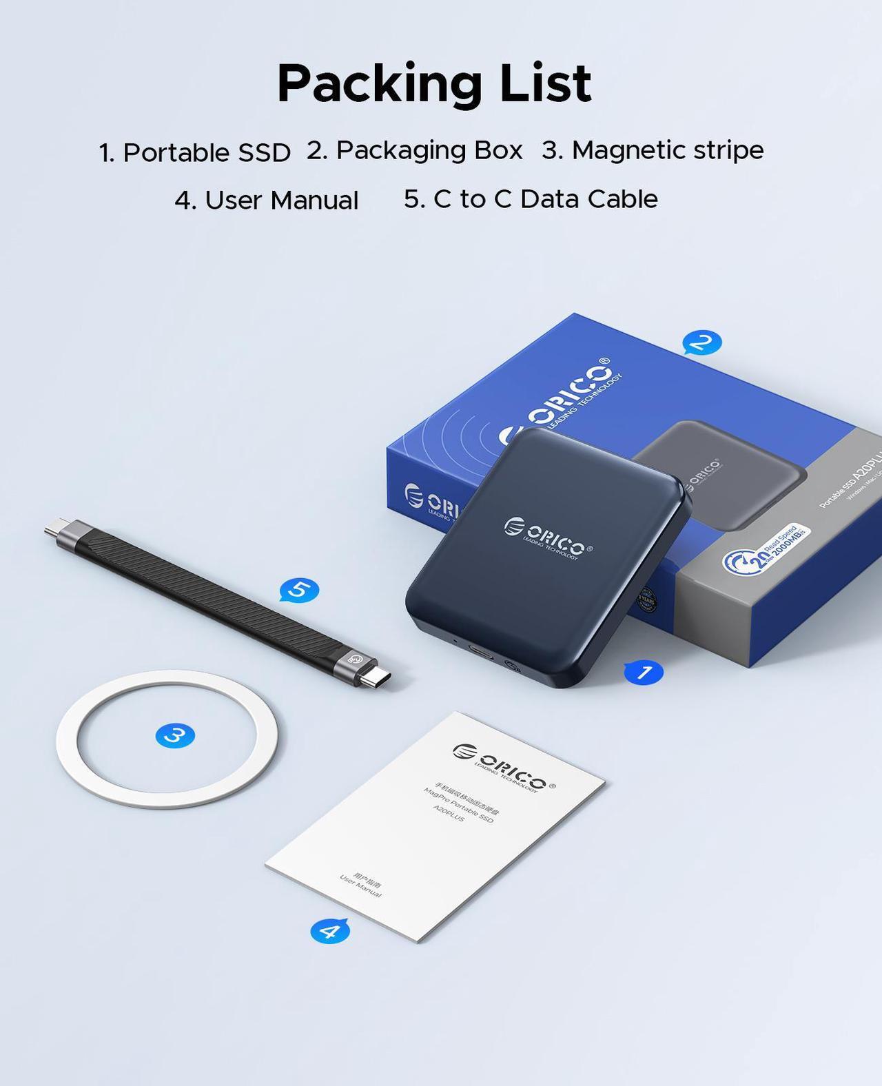 Alt view image 8 of 7 - ORICO 512GB Magnetic External SSD, 4K ProRes HDR Record and Store, 2000MB/s Stable Transmission and Storage, Portable Solid State Drive, Compatible with USB-C Smartphone