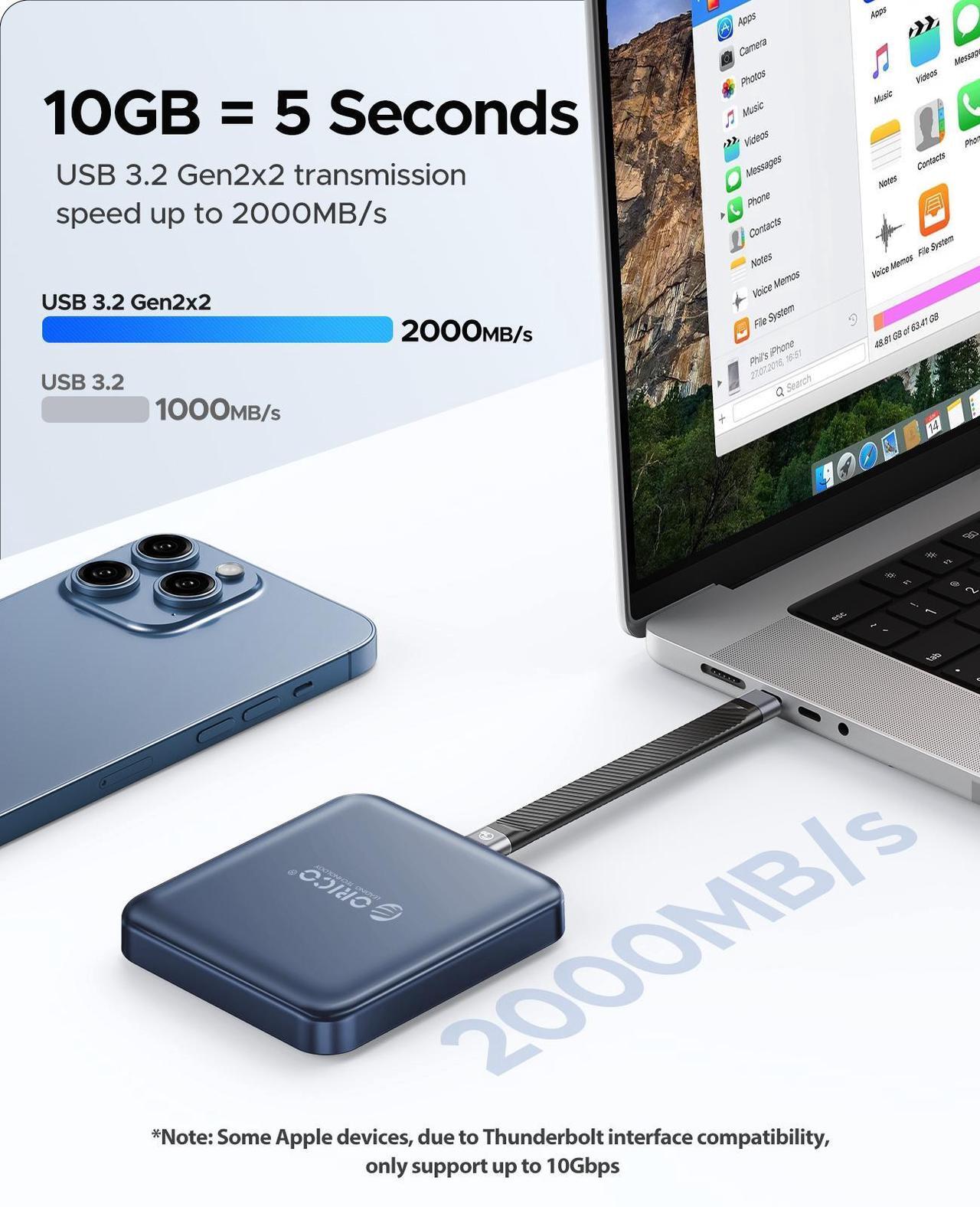 Alt view image 3 of 7 - ORICO 512GB Magnetic External SSD, 4K ProRes HDR Record and Store, 2000MB/s Stable Transmission and Storage, Portable Solid State Drive, Compatible with USB-C Smartphone