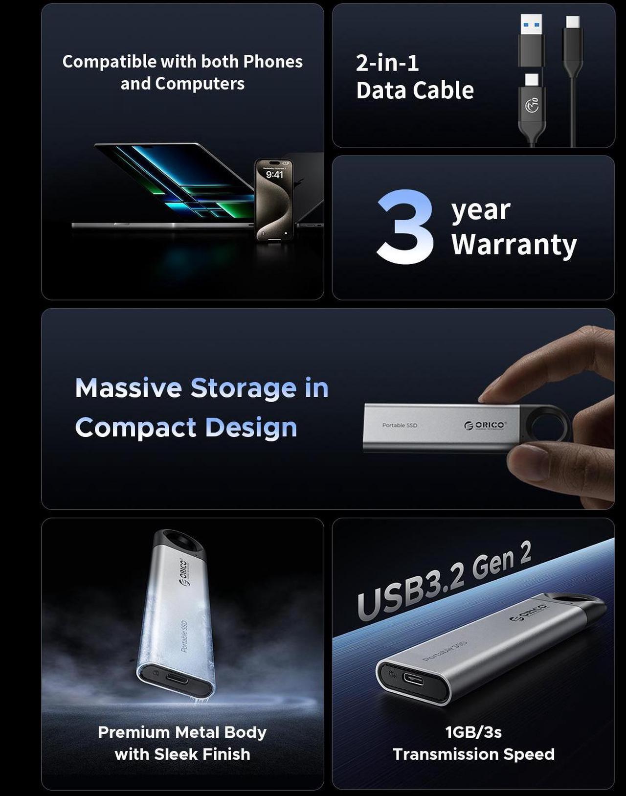 Alt view image 3 of 7 - ORICO 2TB External SSD Up to 1050MB/s, Hanging Hole Design Portable Solid State Drive, USB C&A 2 in 1 Cable, Reliable Storage for Type-C Smartphone, Tablets, Laptops - C10