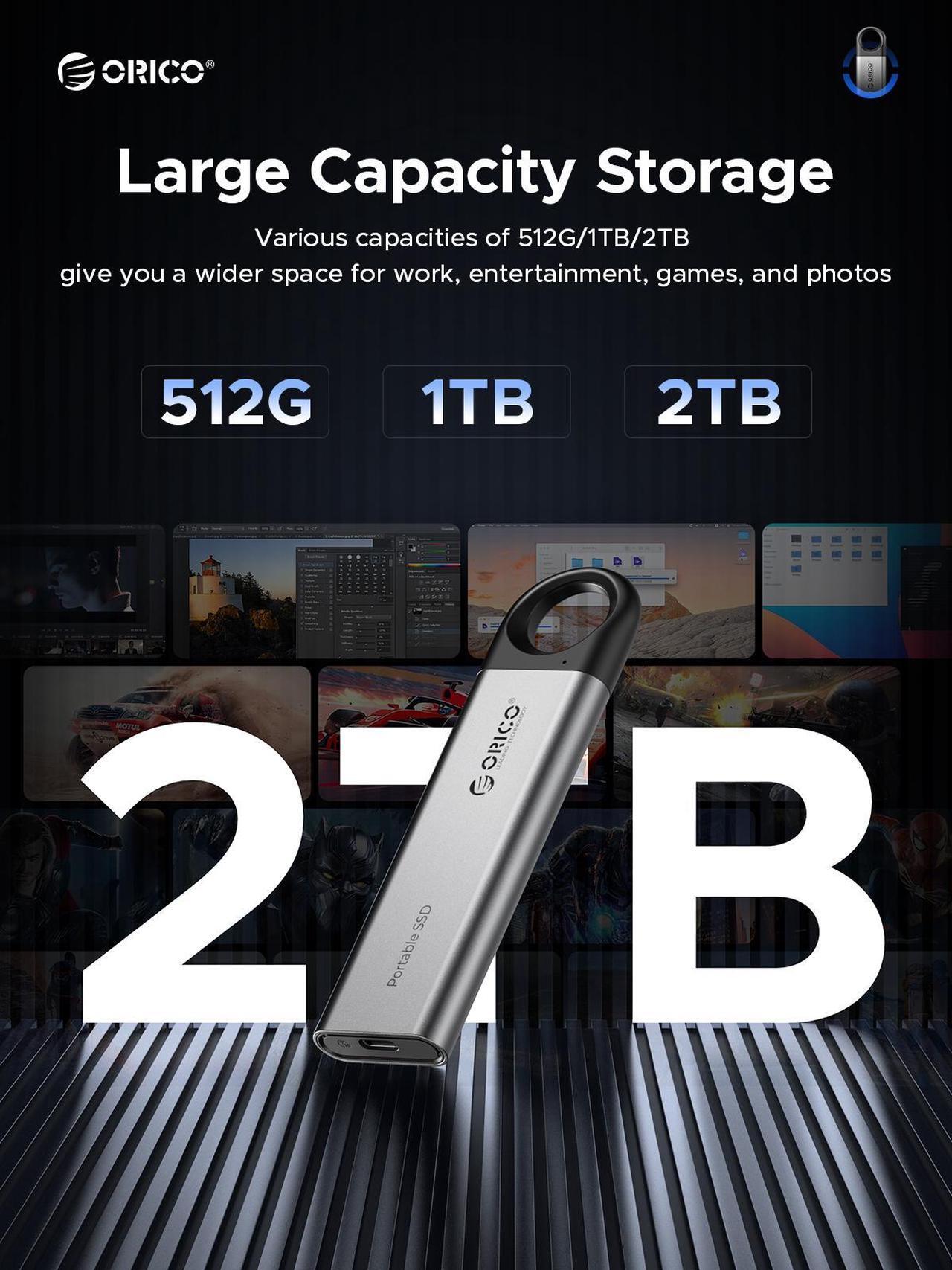 Alt view image 6 of 7 - ORICO 2TB External SSD Up to 1050MB/s, Hanging Hole Design Portable Solid State Drive, USB C&A 2 in 1 Cable, Reliable Storage for Type-C Smartphone, Tablets, Laptops - C10