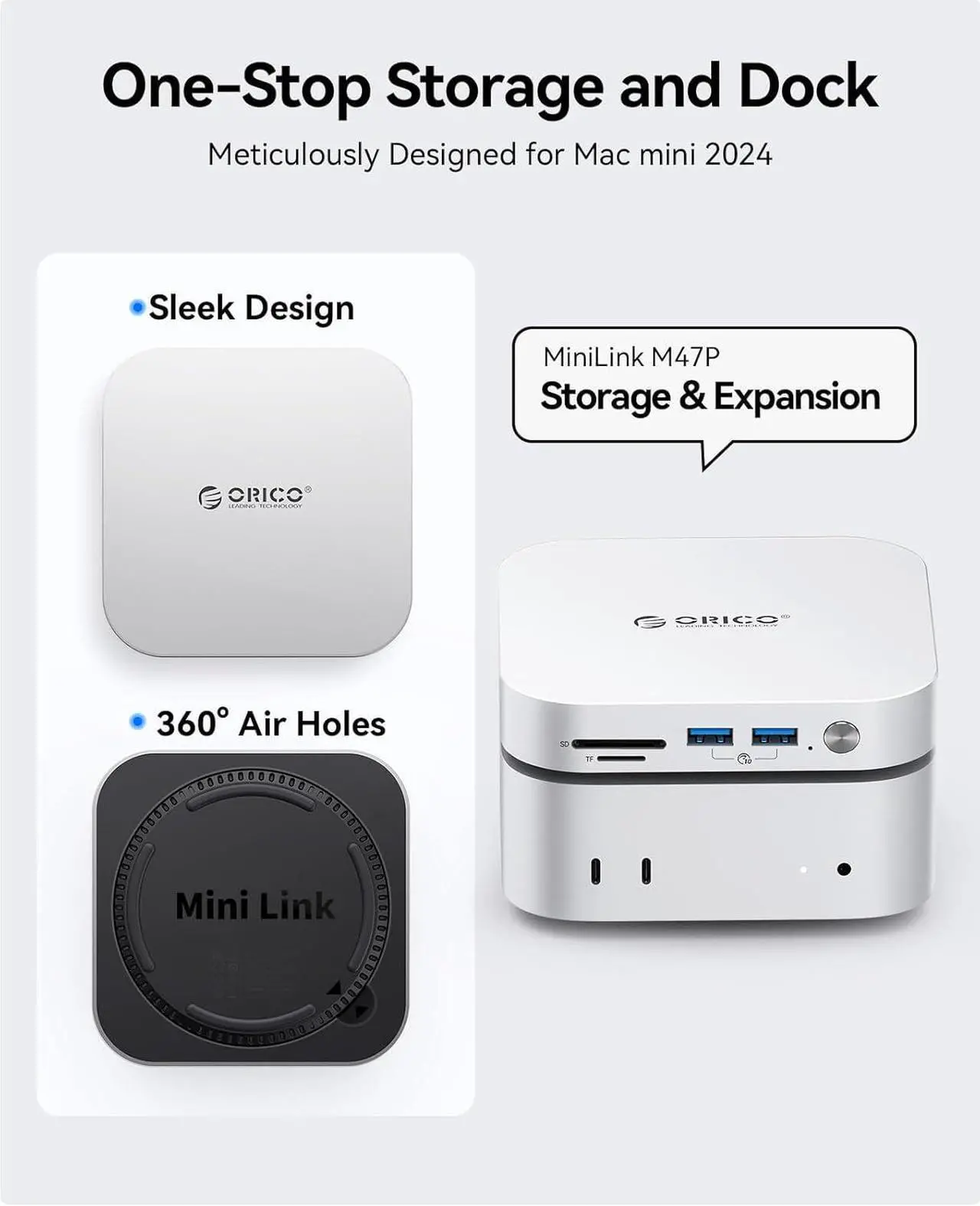 Alt view image 3 of 6 - ORICO MiniLink USB4 40Gbps Hub for Mac Mini M4, 7-in-1 Aluminum Docking Station with Dual NVMe M.2 SSD Slots, 10Gbps USB-A Ports, 4.0 SD/TF Card Readers