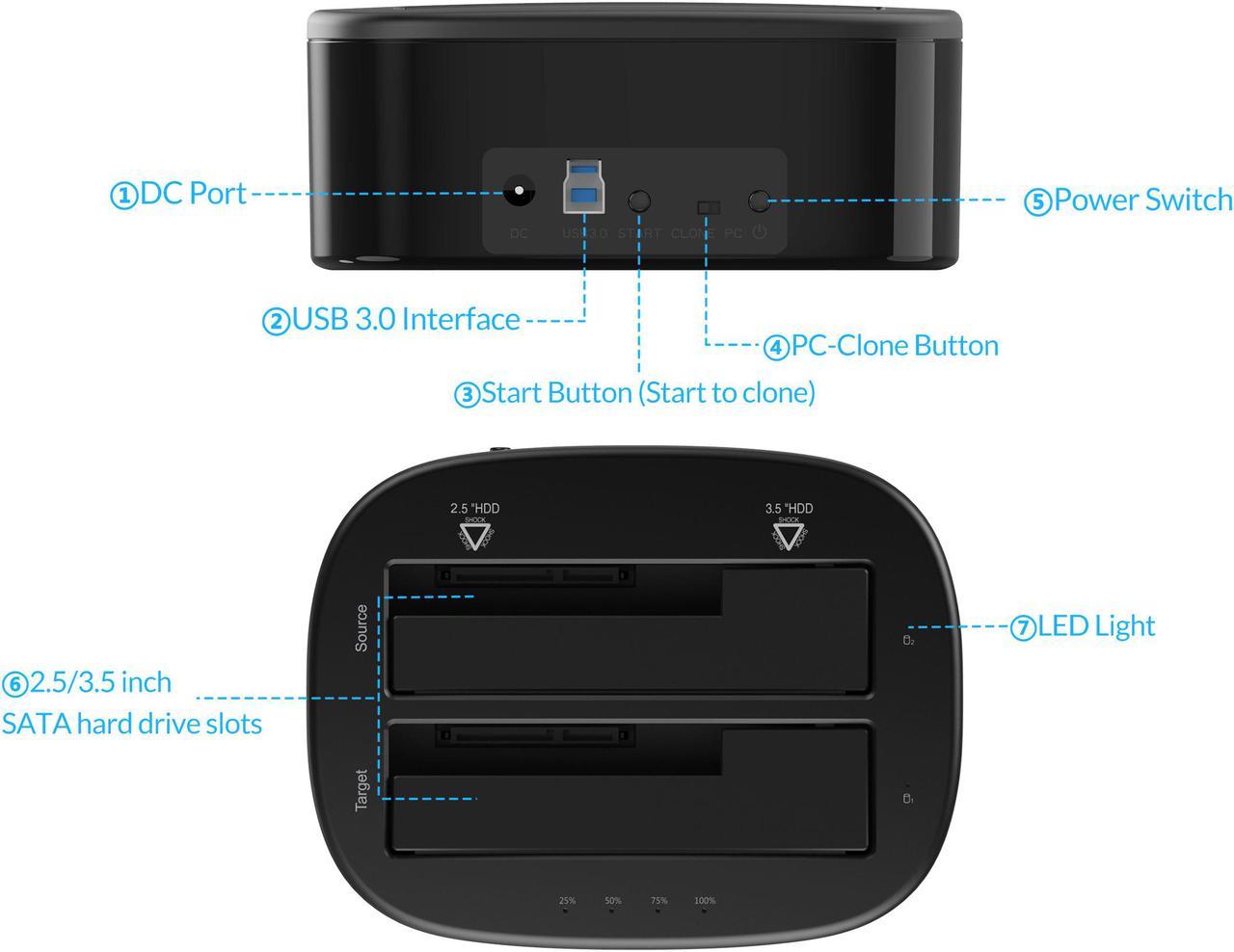 Alt view image 5 of 7 - ORICO Dual Bay USB 3.0 to SATA External Hard Drive Enclosure with Offline Clone Function External Hard Drive Docking Station for 2.5/3.5 inch HDD/SSD Tool Free -SATA Hard Drive Dock/Adapter/Reader