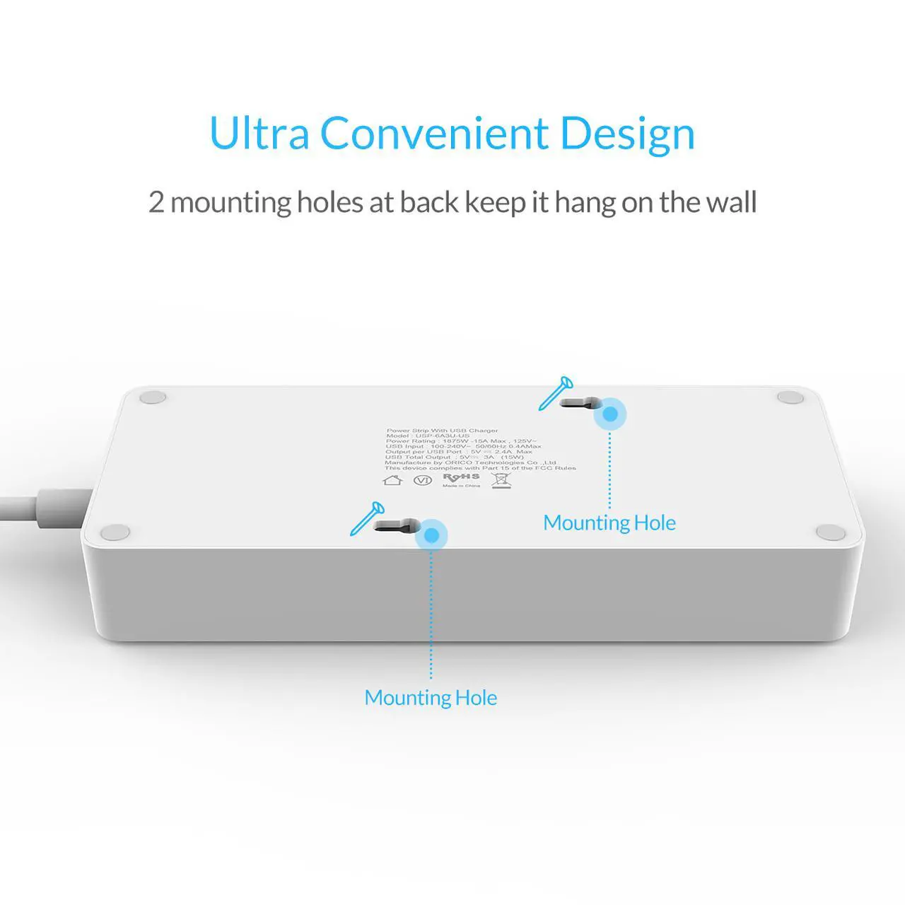 Alt view image 4 of 7 - ORICO  8 AC Outlet Power Strip with  4 USB Charging Port Built-in 5FT Cord with Keyholes Wall Mountable 5V4A Max for Home/Office