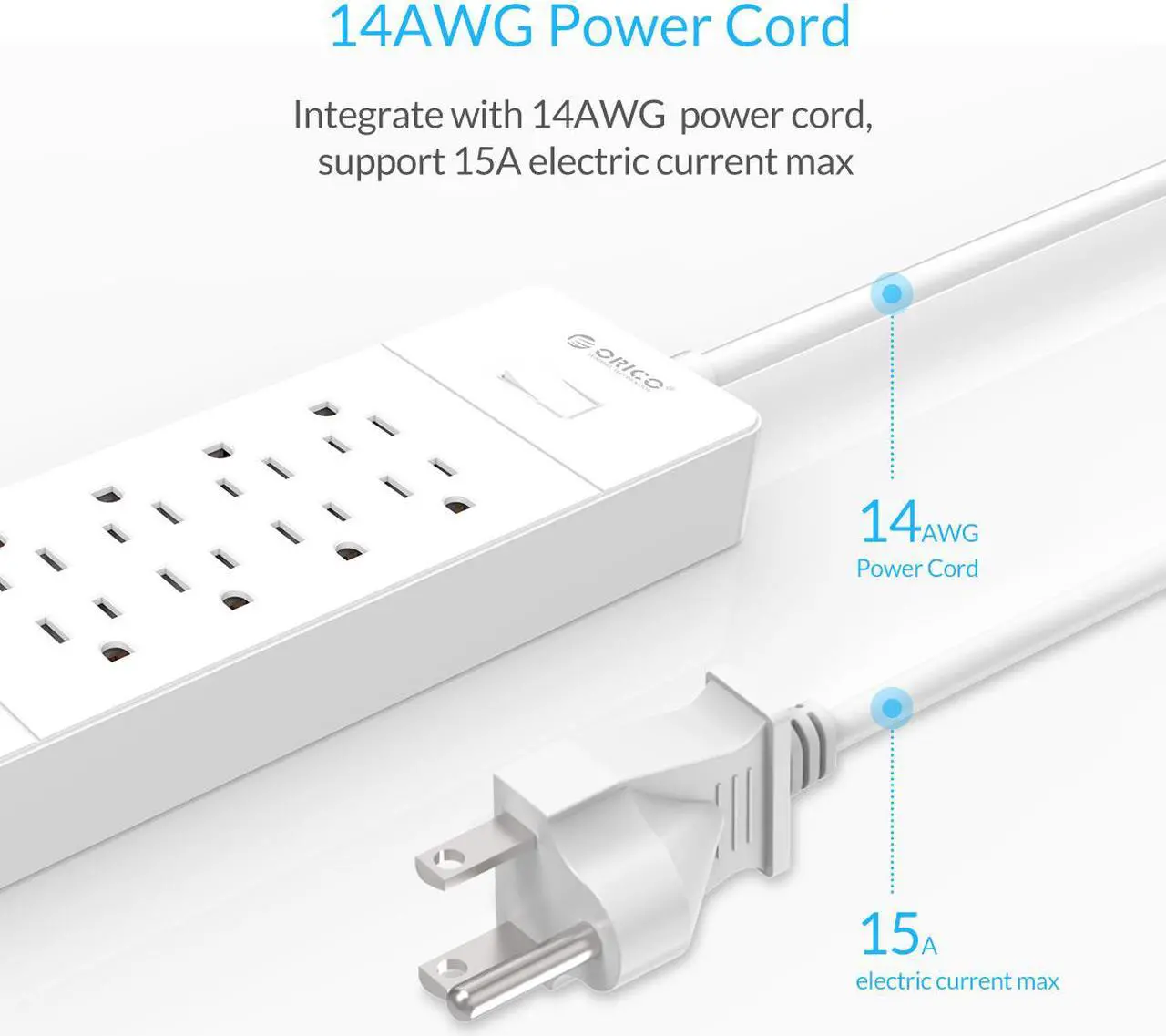 Alt view image 2 of 7 - ORICO  8 AC Outlet Power Strip with  4 USB Charging Port Built-in 5FT Cord with Keyholes Wall Mountable 5V4A Max for Home/Office