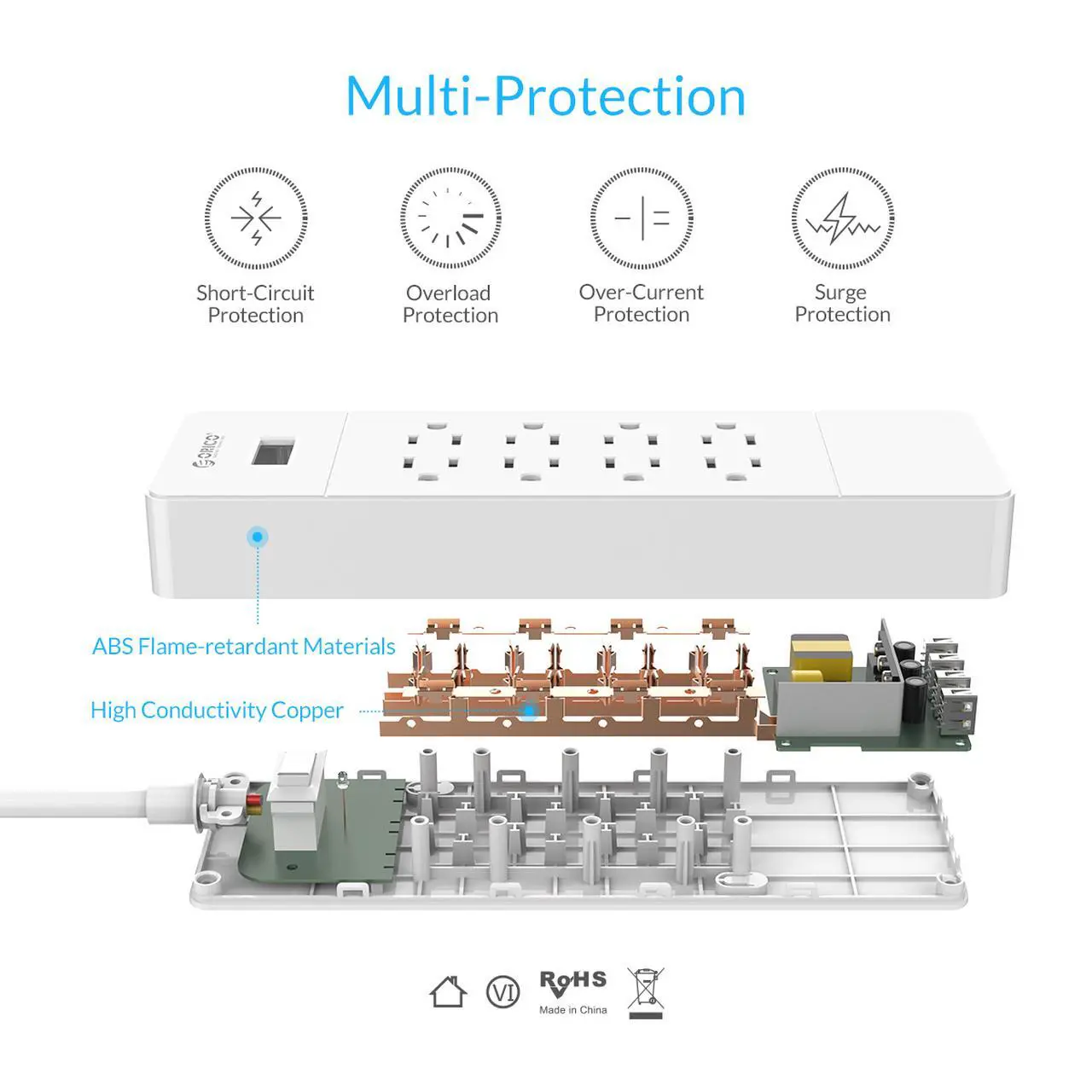Alt view image 6 of 7 - ORICO  8 AC Outlet Power Strip with  4 USB Charging Port Built-in 5FT Cord with Keyholes Wall Mountable 5V4A Max for Home/Office