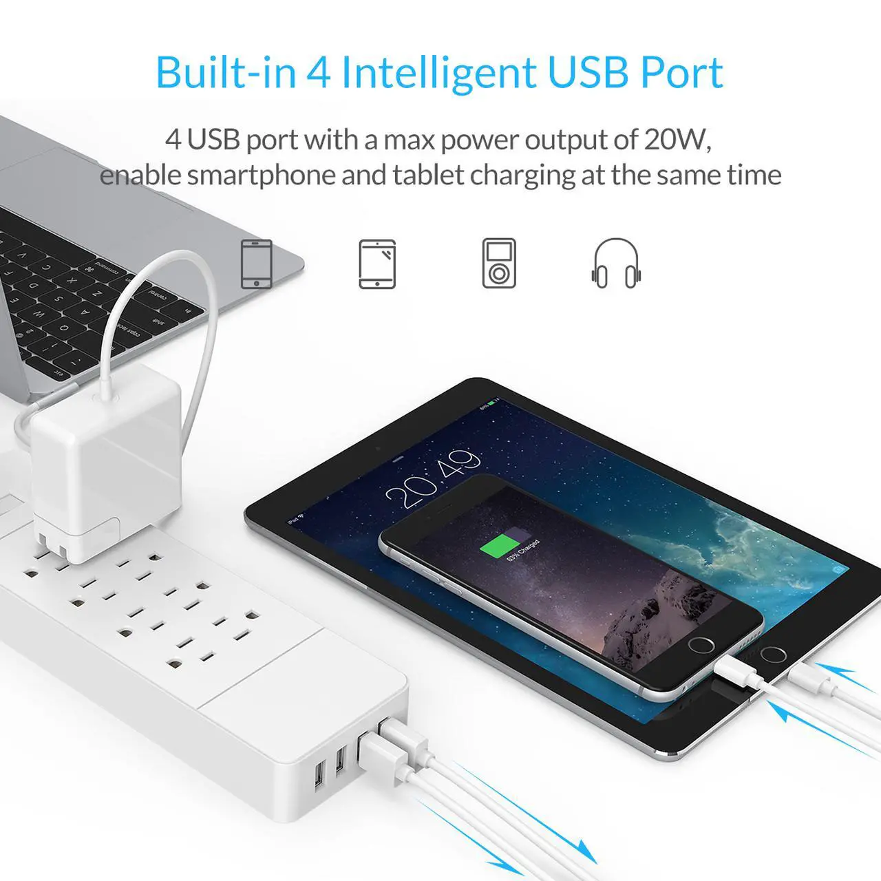 Alt view image 7 of 7 - ORICO  8 AC Outlet Power Strip with  4 USB Charging Port Built-in 5FT Cord with Keyholes Wall Mountable 5V4A Max for Home/Office
