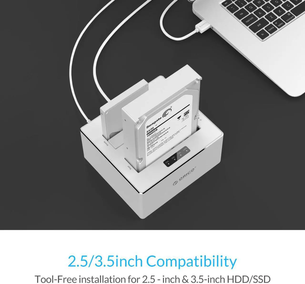 Alt view image 4 of 7 - ORICO 6828US3-C Aluminum & Plastic SATA to USB 3.0 Hard Drive Docking Station with Stand Alone Clone Function for 2.5" & 3.5" HDD/SSD, Maximum 8TB - Silver