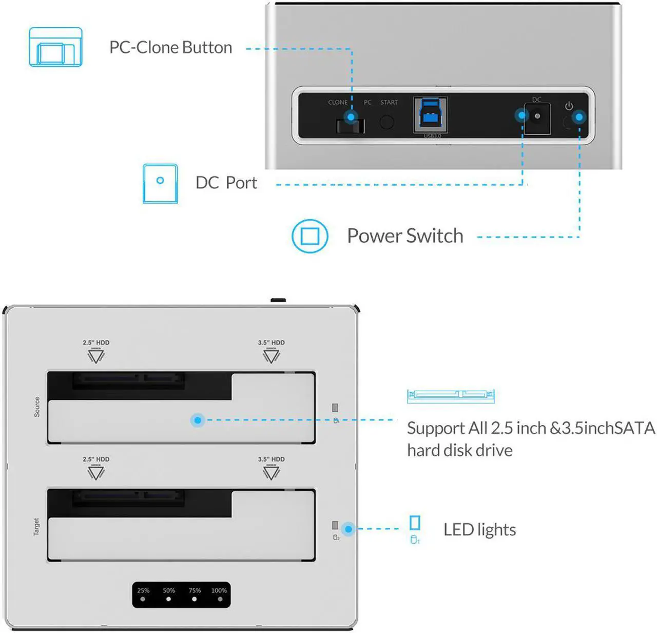 Alt view image 3 of 7 - ORICO 6828US3-C Aluminum & Plastic SATA to USB 3.0 Hard Drive Docking Station with Stand Alone Clone Function for 2.5" & 3.5" HDD/SSD, Maximum 8TB - Silver