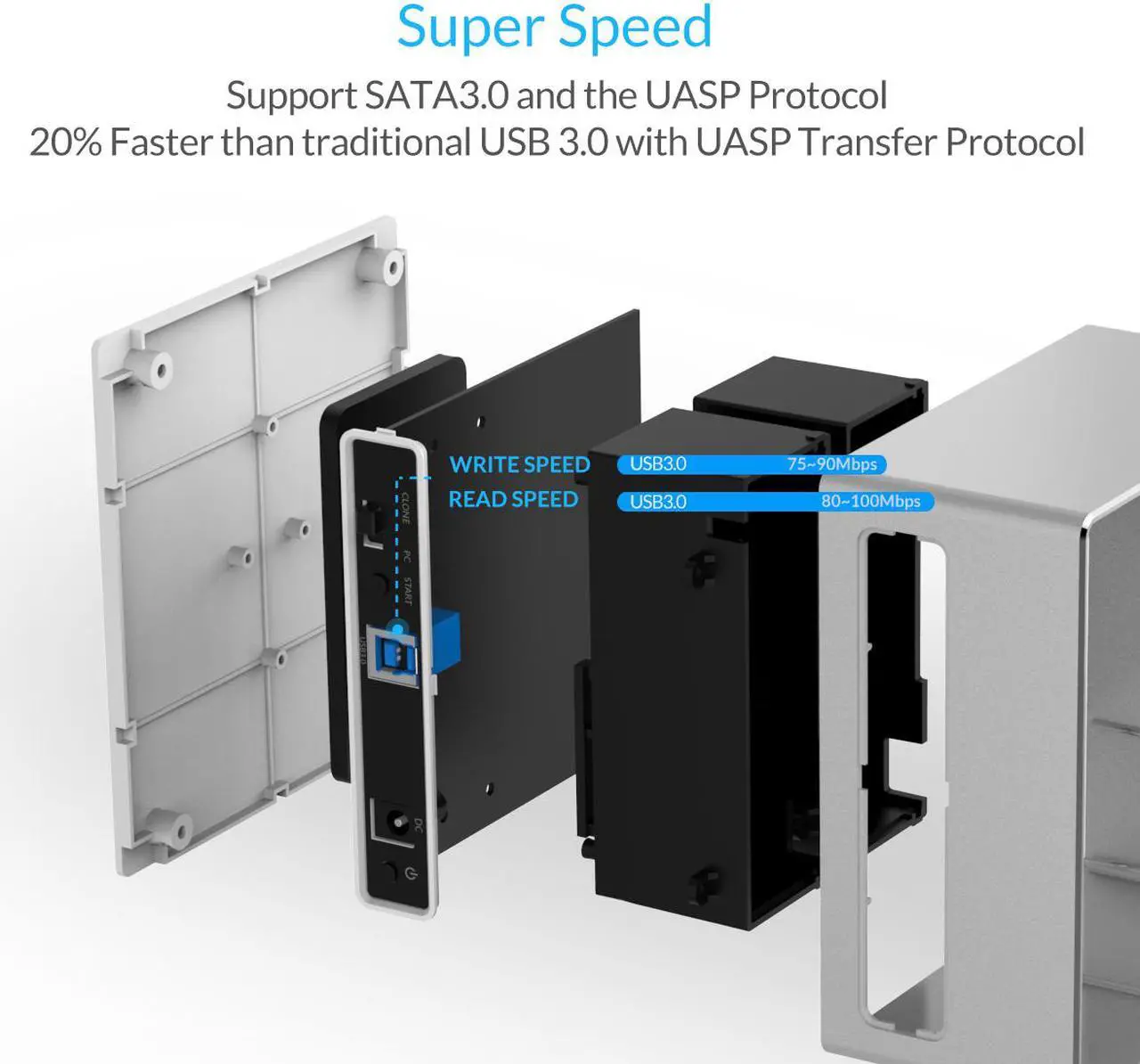 Alt view image 6 of 7 - ORICO 6828US3-C Aluminum & Plastic SATA to USB 3.0 Hard Drive Docking Station with Stand Alone Clone Function for 2.5" & 3.5" HDD/SSD, Maximum 8TB - Silver
