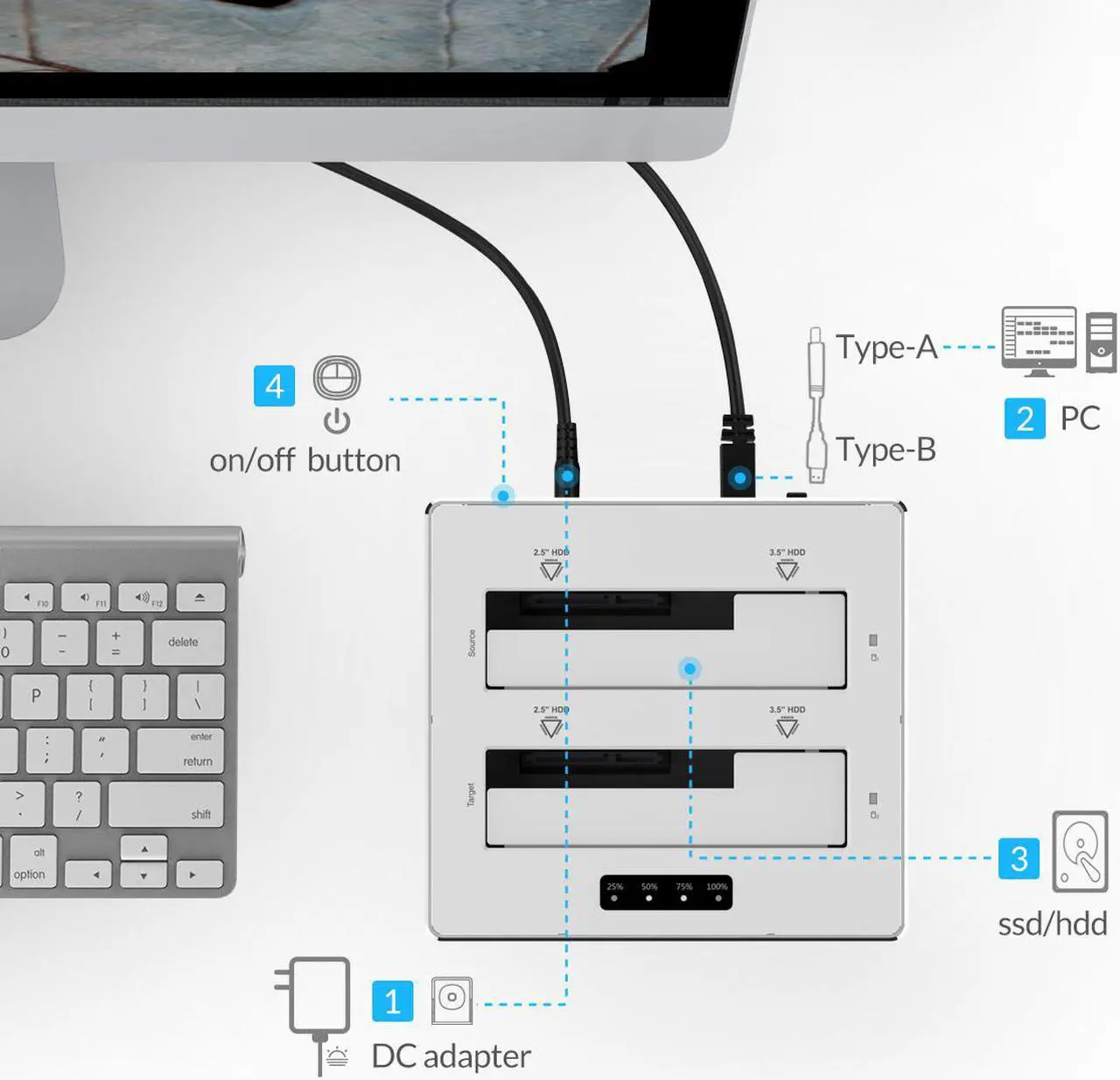 Alt view image 5 of 7 - ORICO 6828US3-C Aluminum & Plastic SATA to USB 3.0 Hard Drive Docking Station with Stand Alone Clone Function for 2.5" & 3.5" HDD/SSD, Maximum 8TB - Silver