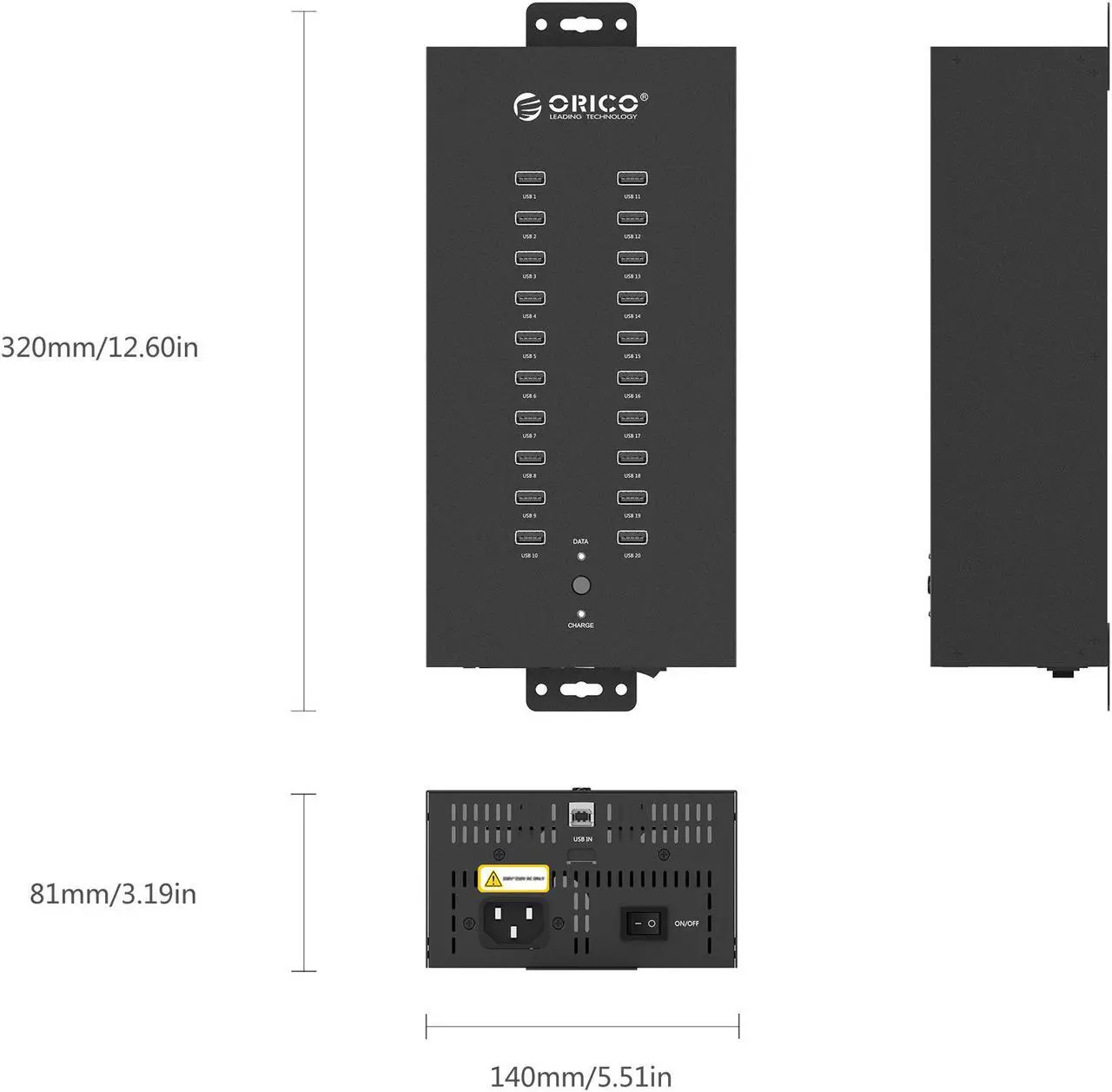 Alt view image 7 of 7 - ORICO Industrial USB Hub, 20 Ports Mountable 150W Powered Industrial Grade USB 2.0 Hub, Full Metal Case, High-Speed Data Transfer