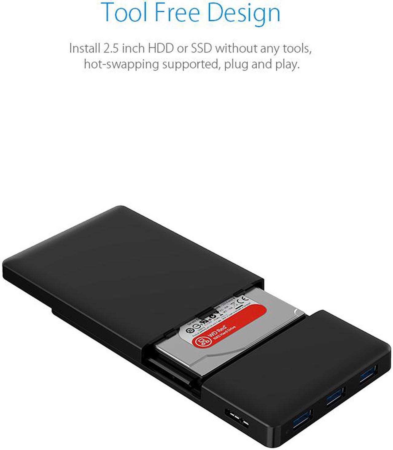 Alt view image 2 of 6 - [Tool-less Design with 3 USB3.0 Ports] ORICO 2.5 inch USB3.0 SATA External Hard Drive Disk Enclosure Case for 9.5mm 7mm SATA/HDD/SSD with 3 Ports USB 3.0 HUB UASP Supported  5V2A Power Adapter