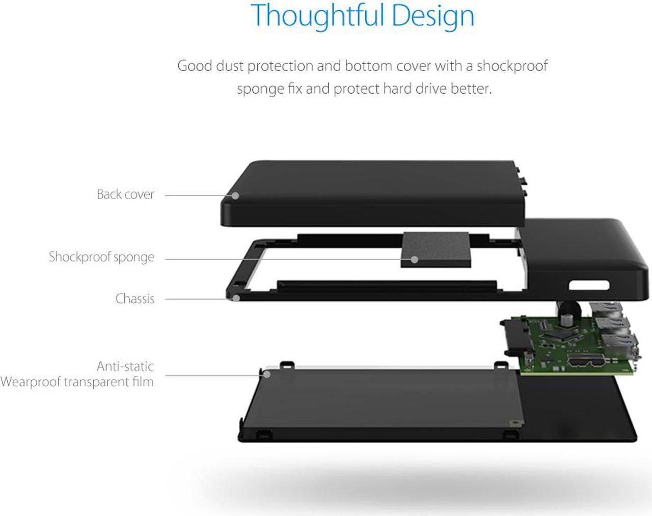 Alt view image 4 of 6 - [Tool-less Design with 3 USB3.0 Ports] ORICO 2.5 inch USB3.0 SATA External Hard Drive Disk Enclosure Case for 9.5mm 7mm SATA/HDD/SSD with 3 Ports USB 3.0 HUB UASP Supported  5V2A Power Adapter