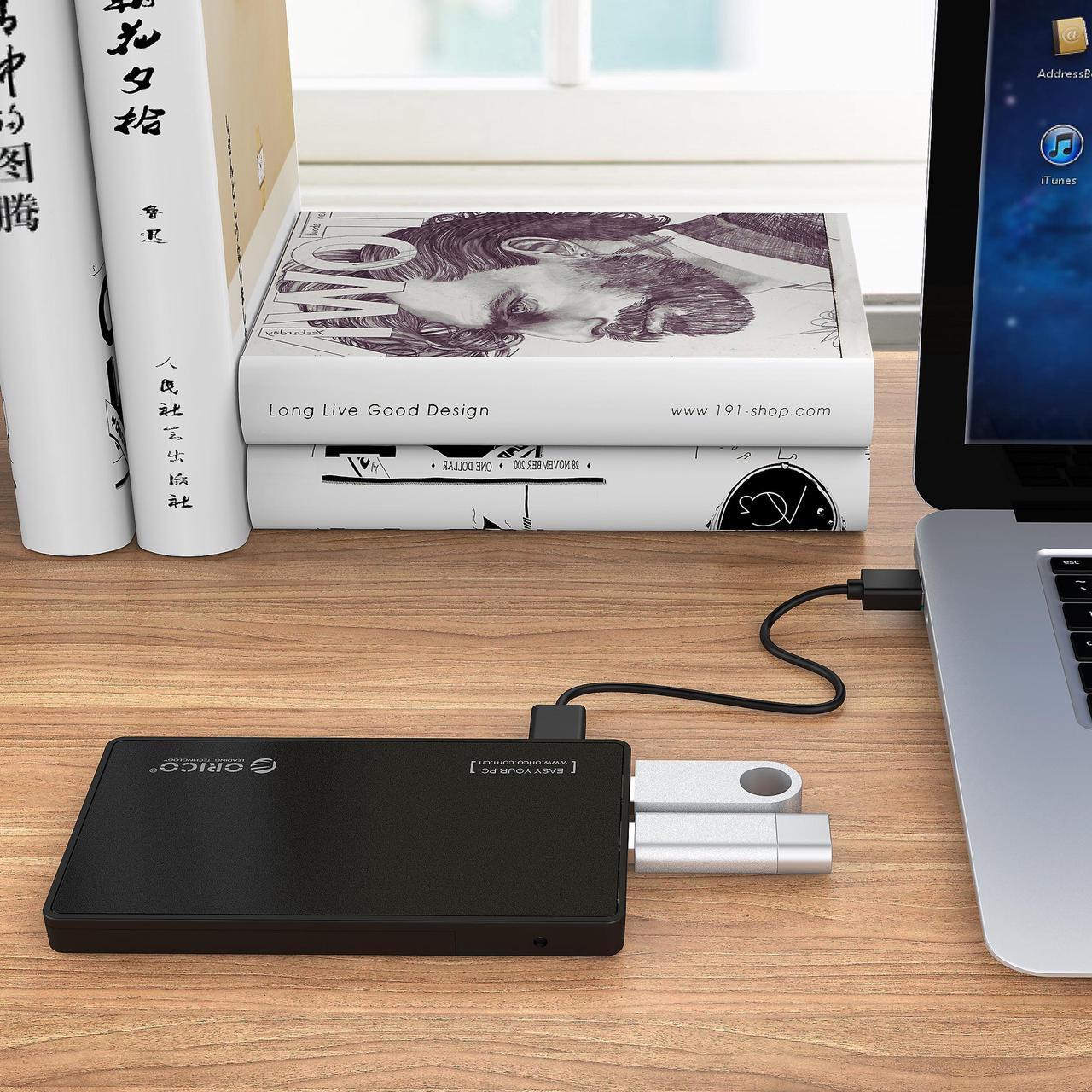 Alt view image 6 of 6 - [Tool-less Design with 3 USB3.0 Ports] ORICO 2.5 inch USB3.0 SATA External Hard Drive Disk Enclosure Case for 9.5mm 7mm SATA/HDD/SSD with 3 Ports USB 3.0 HUB UASP Supported  5V2A Power Adapter