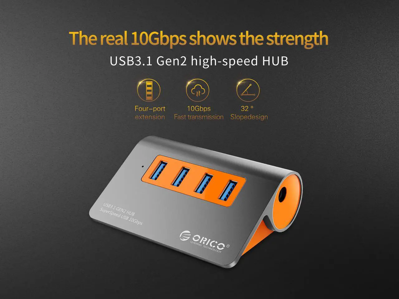 Alt view image 2 of 7 - ORICO Powered USB Hub, 4 Ports Powered USB 3.1 Aluminum Data Hub, 10 Gbps SuperSpeed USB Splitter with 12V/2.5A Power Adapter for Desktop PC/Laptop, Phones, and More