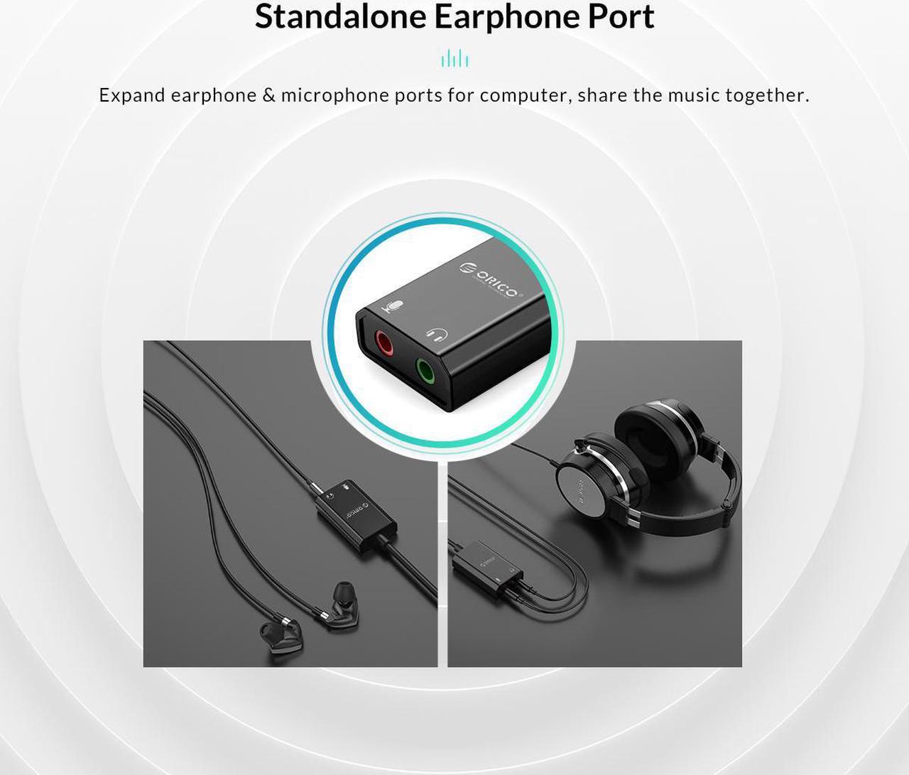 Alt view image 3 of 7 - ORICO Portable USB External Sound Card USB to Earphone/Microphone Interface Sound Card 10CM Cable Length For Windows/Mac/Linux