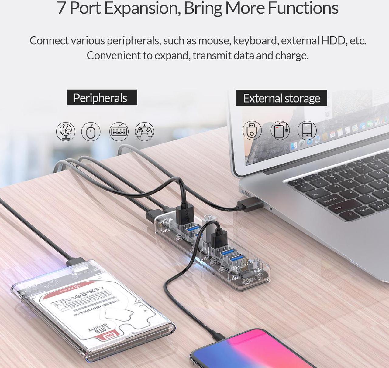 Alt view image 2 of 7 - ORICO USB 3.0 Hub, 7 Ports USB3.0 Transparent Desktop HUB with Blue Indicator Light & Dual Port Power Supply, Mini Portable Hub for MacBook, Chromebook, Notebook PCs, iPhone, Smartphones - Clear
