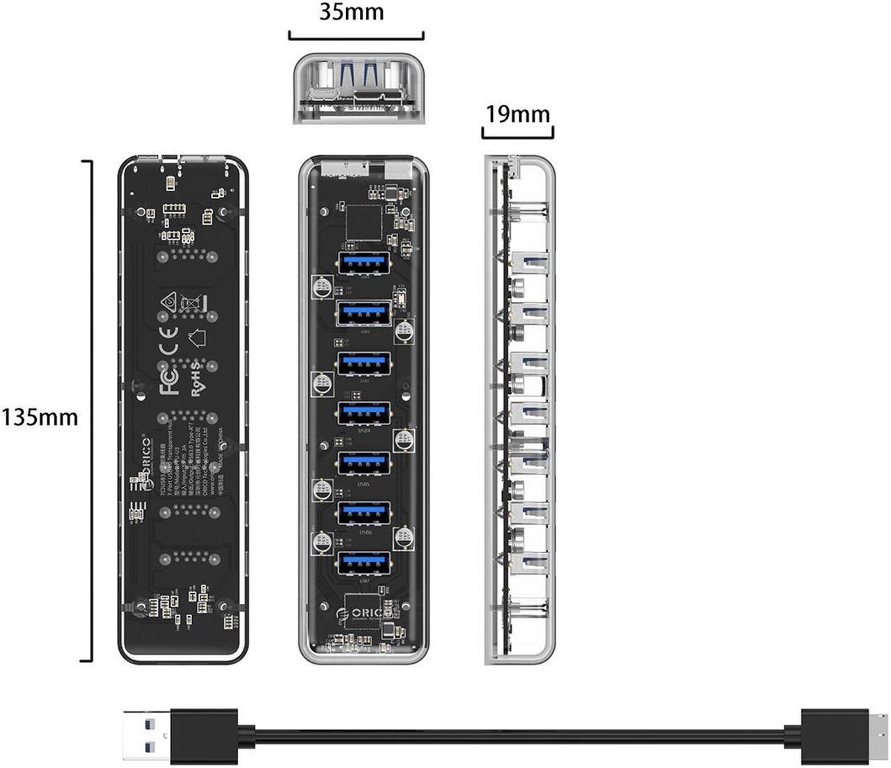 Alt view image 7 of 7 - ORICO USB 3.0 Hub, 7 Ports USB3.0 Transparent Desktop HUB with Blue Indicator Light & Dual Port Power Supply, Mini Portable Hub for MacBook, Chromebook, Notebook PCs, iPhone, Smartphones - Clear