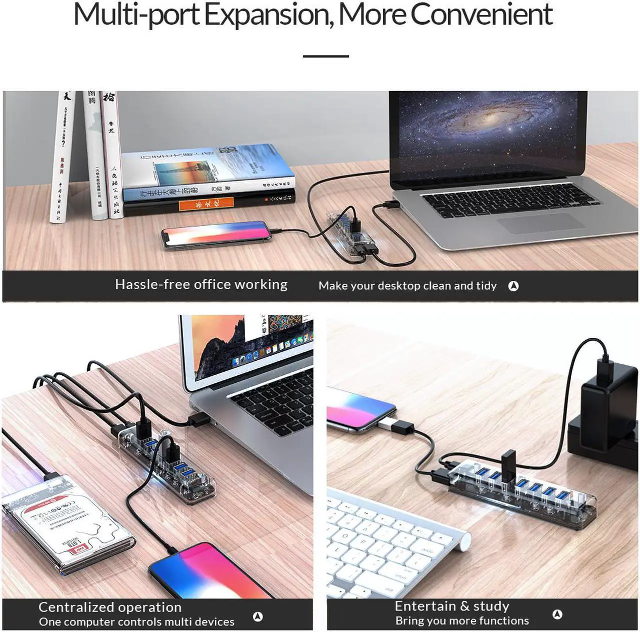 Alt view image 6 of 7 - ORICO USB 3.0 Hub, 7 Ports USB3.0 Transparent Desktop HUB with Blue Indicator Light & Dual Port Power Supply, Mini Portable Hub for MacBook, Chromebook, Notebook PCs, iPhone, Smartphones - Clear