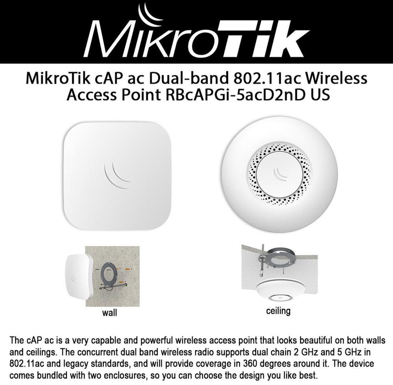 Mikrotik cAP ac RBcAPGi-5acD2nD powerful wireless access point dual chain 2 GHz 802.11b/g/n and 5 GHz in a/n/?? standards 360 degrees coverage