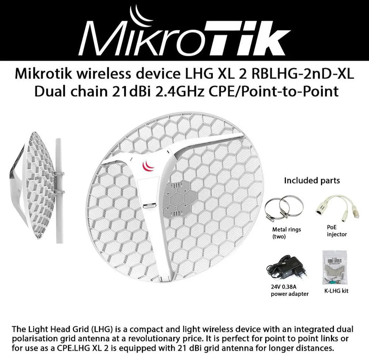 Alt view image 2 of 2 - Mikrotik LHG XL 2 RBLHG-2nD-XL wireless device Dual chain 21dBi 2.4GHz CPE/Point-to-Point Integrated Antenna for longer distances