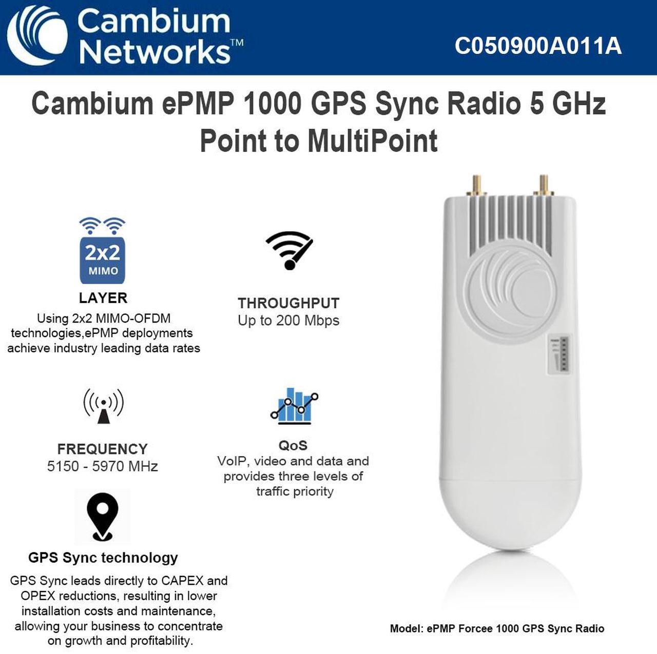Main image of Cambium Networks ePMP 1000 GPS Sync Radio 5GHz and 2.4 GHz Band 2x2 MIMO Point to Multipoint
