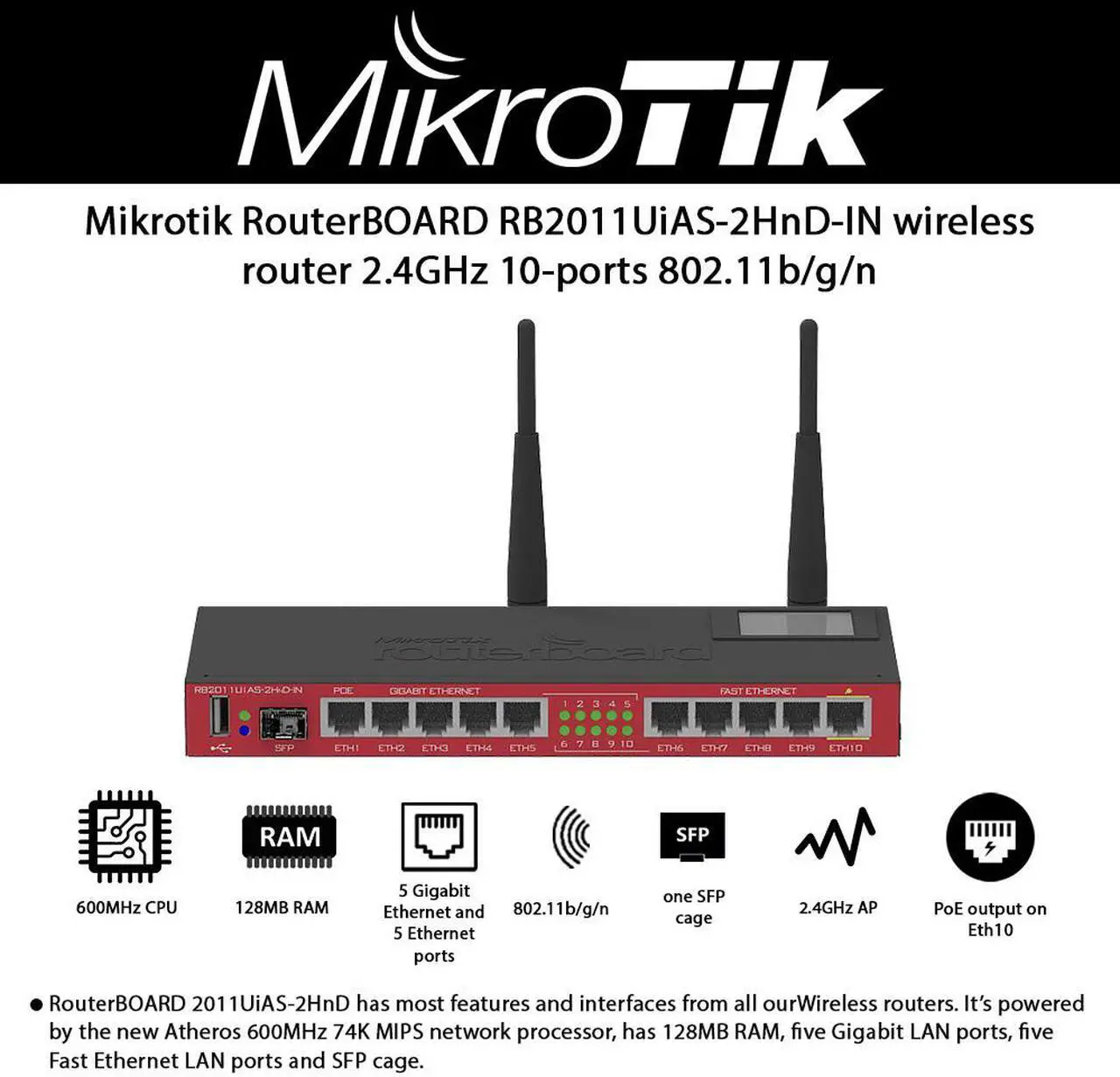 Alt view image 2 of 5 - Mikrotik RB2011UiAS-2HnD-IN 2.4GHz AP 10-port wireless Router (5x Ethernet, 5x Gigabit Ethernet), SFP cage, USB, LCD, PoE output on Eth10, 600MHz CPU, 128MB RAM