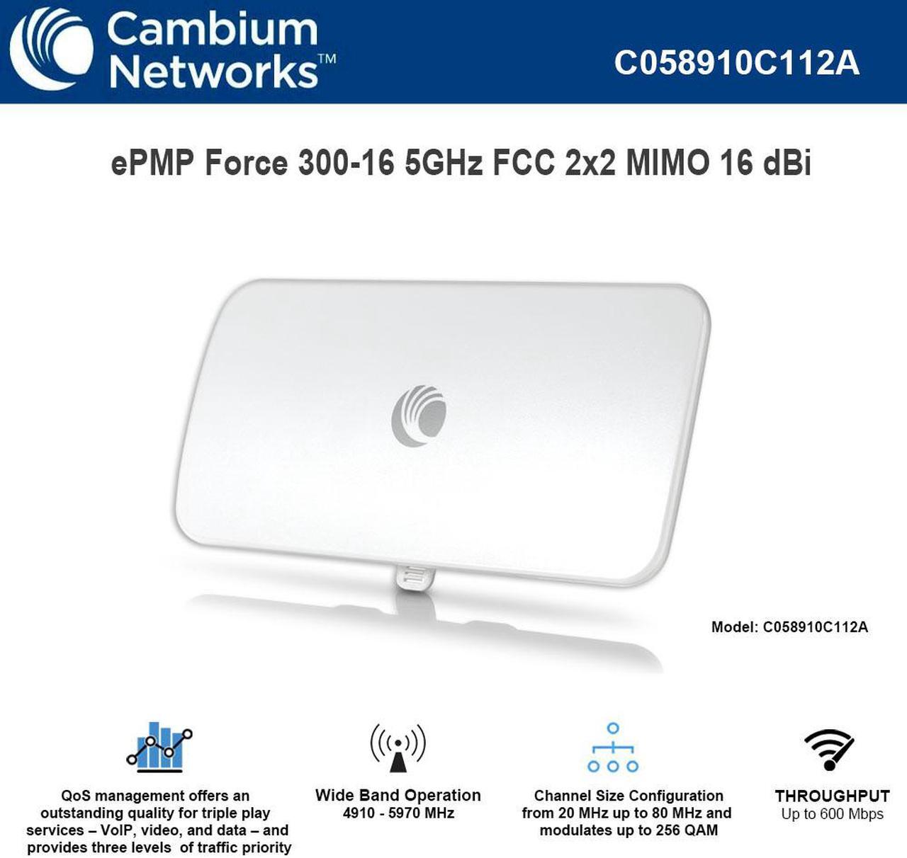 Main image of Cambium Networks - C058910C112A - ePMP Force 300-16 5GHz Mid Gain Radio with 16 dBi Integrated Antenna, FCC. US power